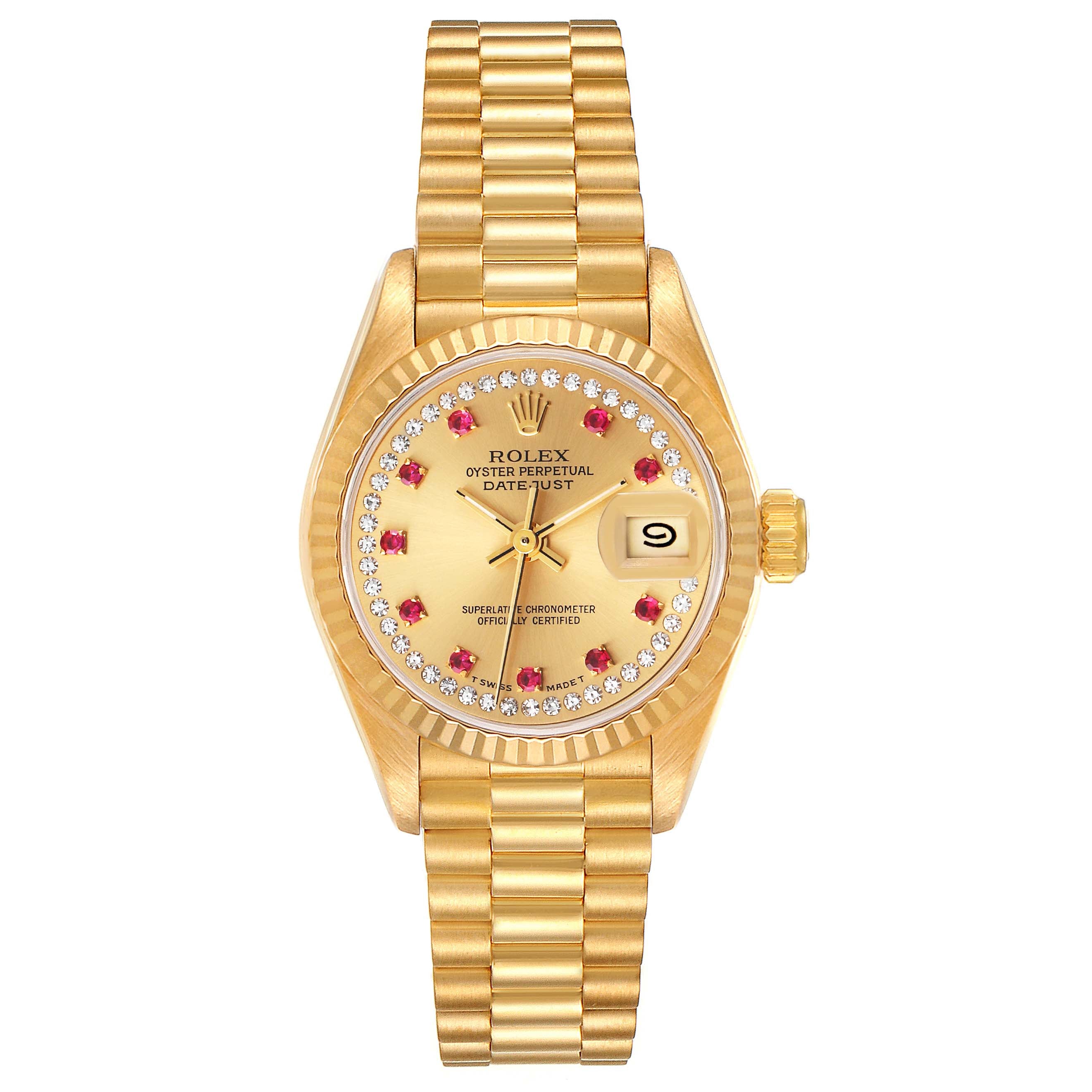 Rolex President Datejust Yellow Gold Diamonds Rubies Ladies Watch 69178