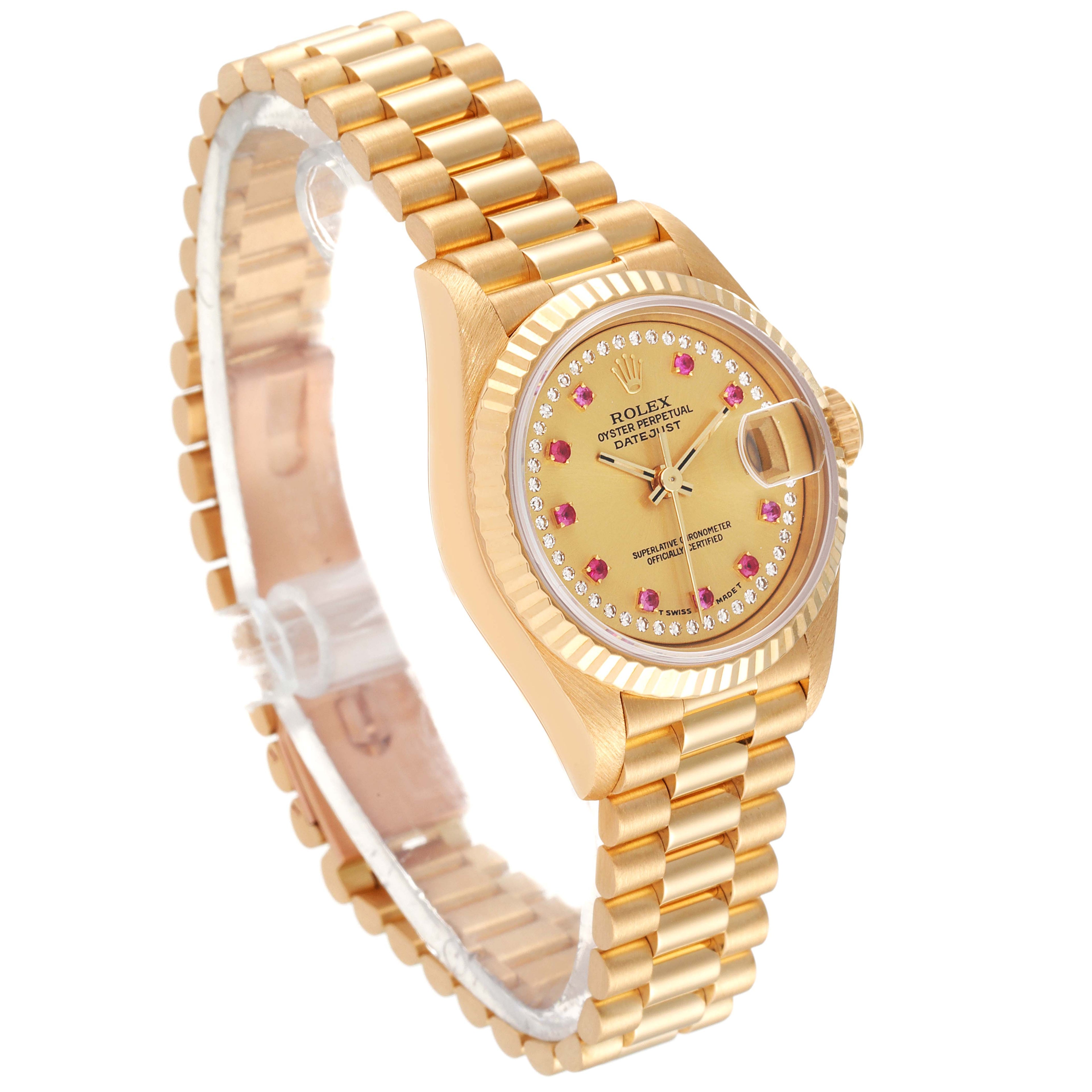 Rolex President Datejust Yellow Gold Diamonds Rubies Ladies Watch 69178 Box