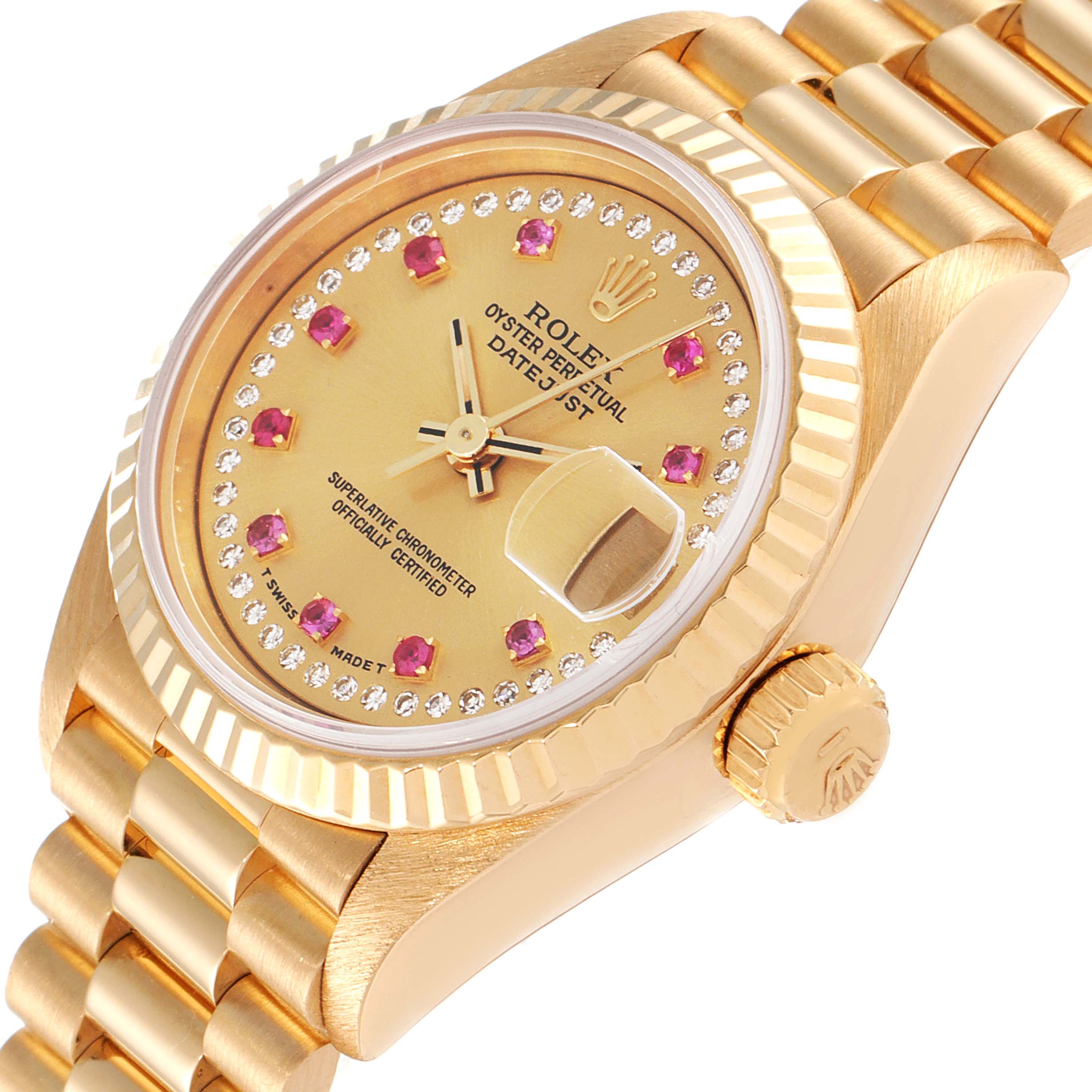 Rolex President Datejust Yellow Gold Diamonds Rubies Ladies Watch 69178 Box