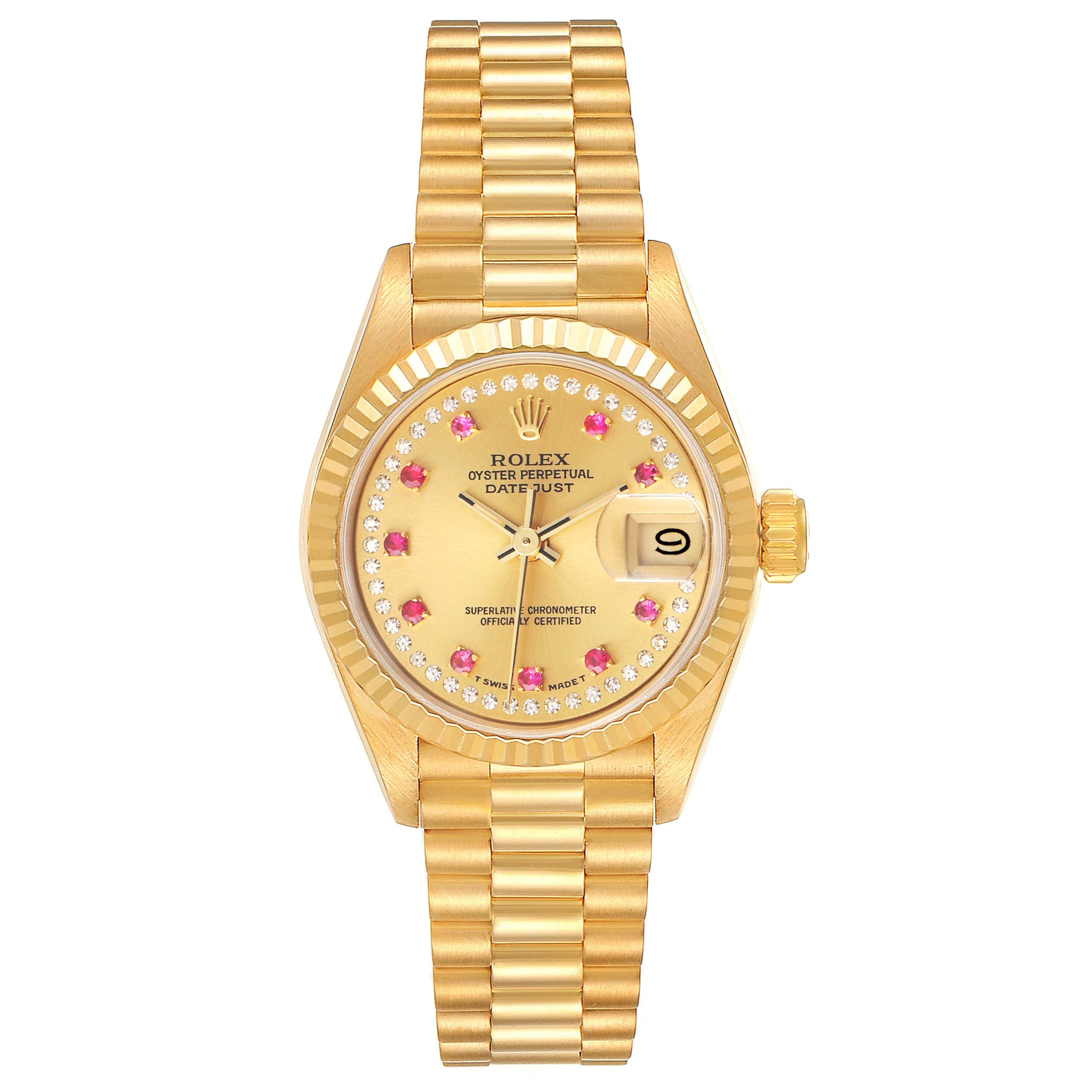Rolex President Datejust Yellow Gold Diamonds Rubies Ladies Watch 69178 Box