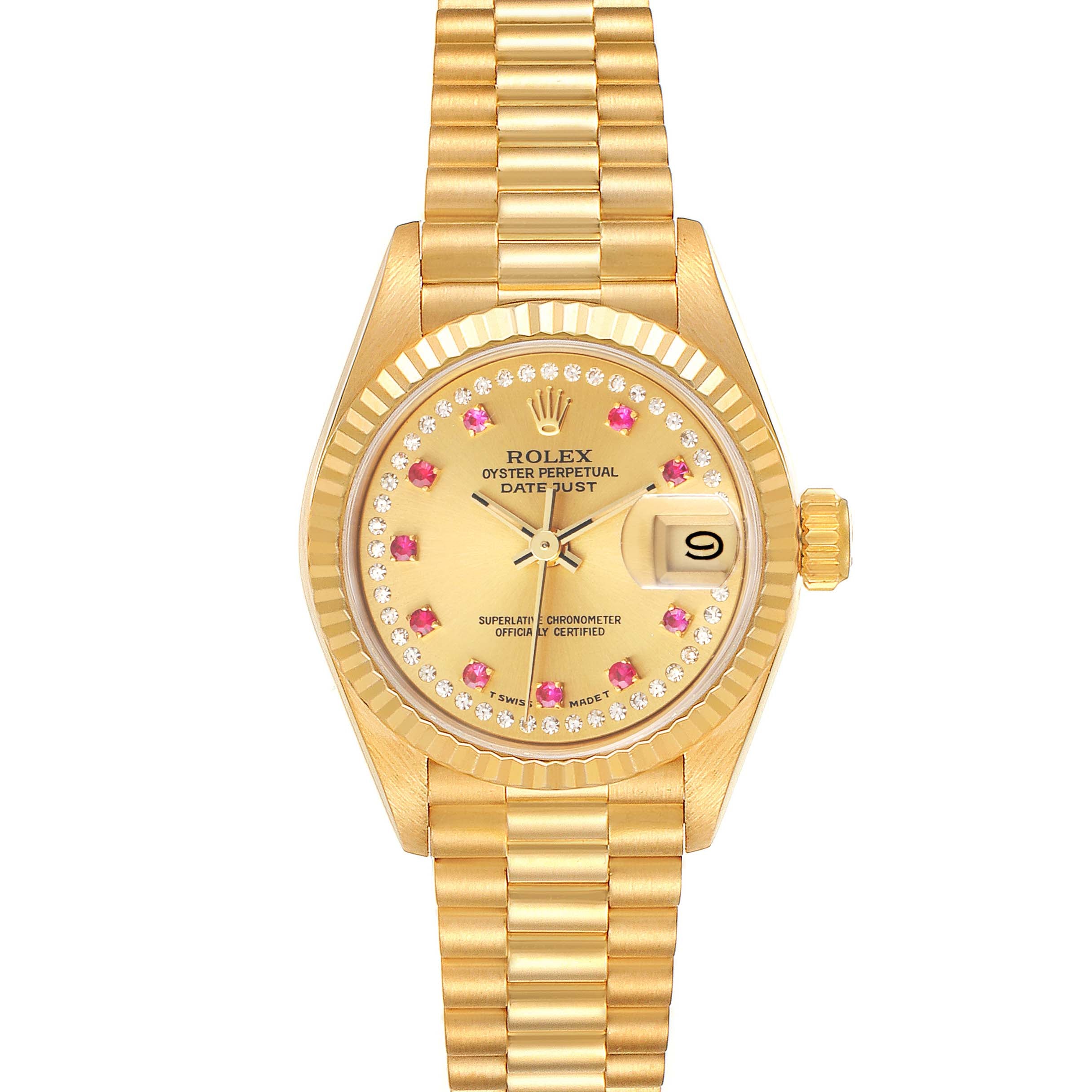 Rolex President Datejust Yellow Gold Diamonds Rubies Ladies Watch 69178 Box