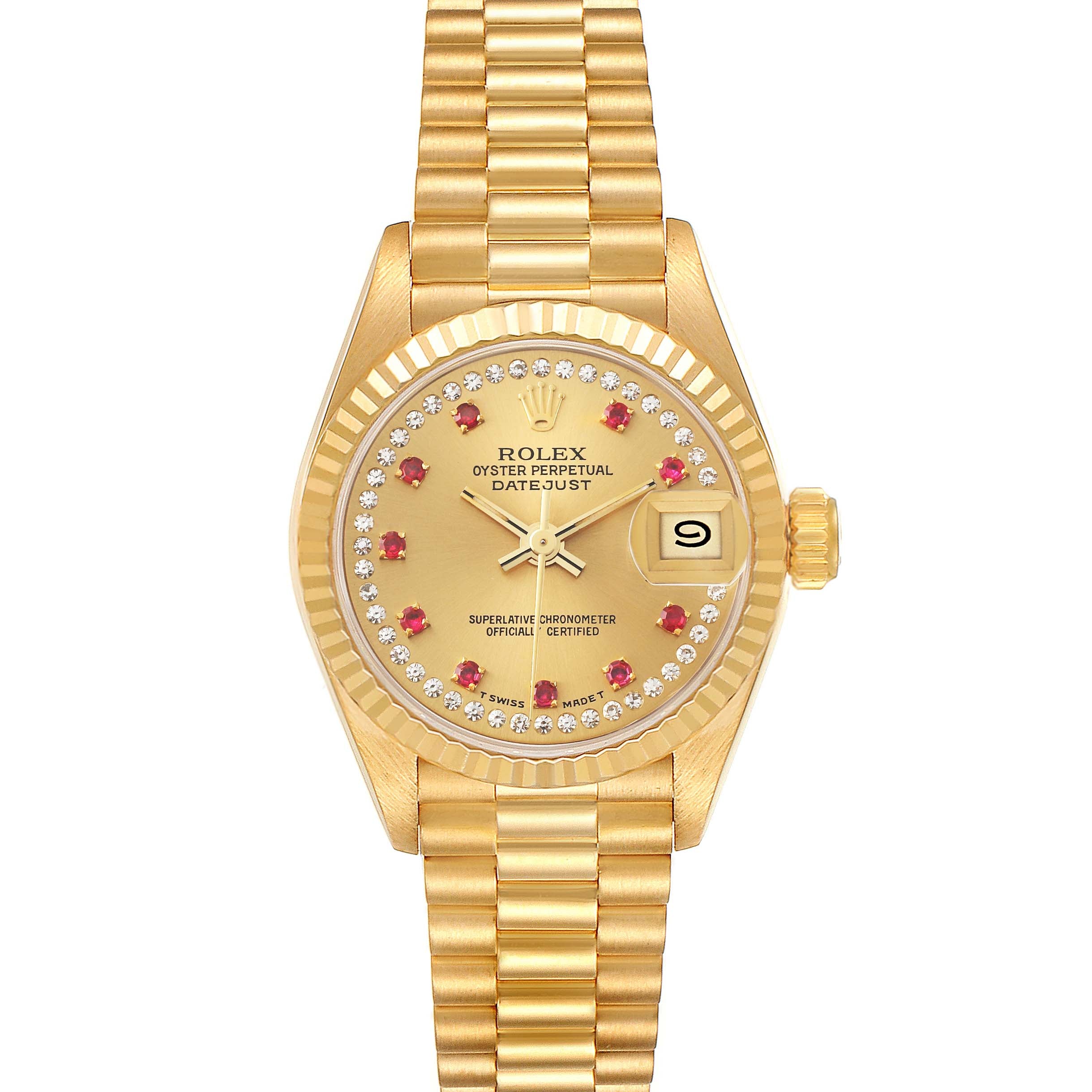 Rolex President Datejust Yellow Gold Diamonds Rubies Watch 69178