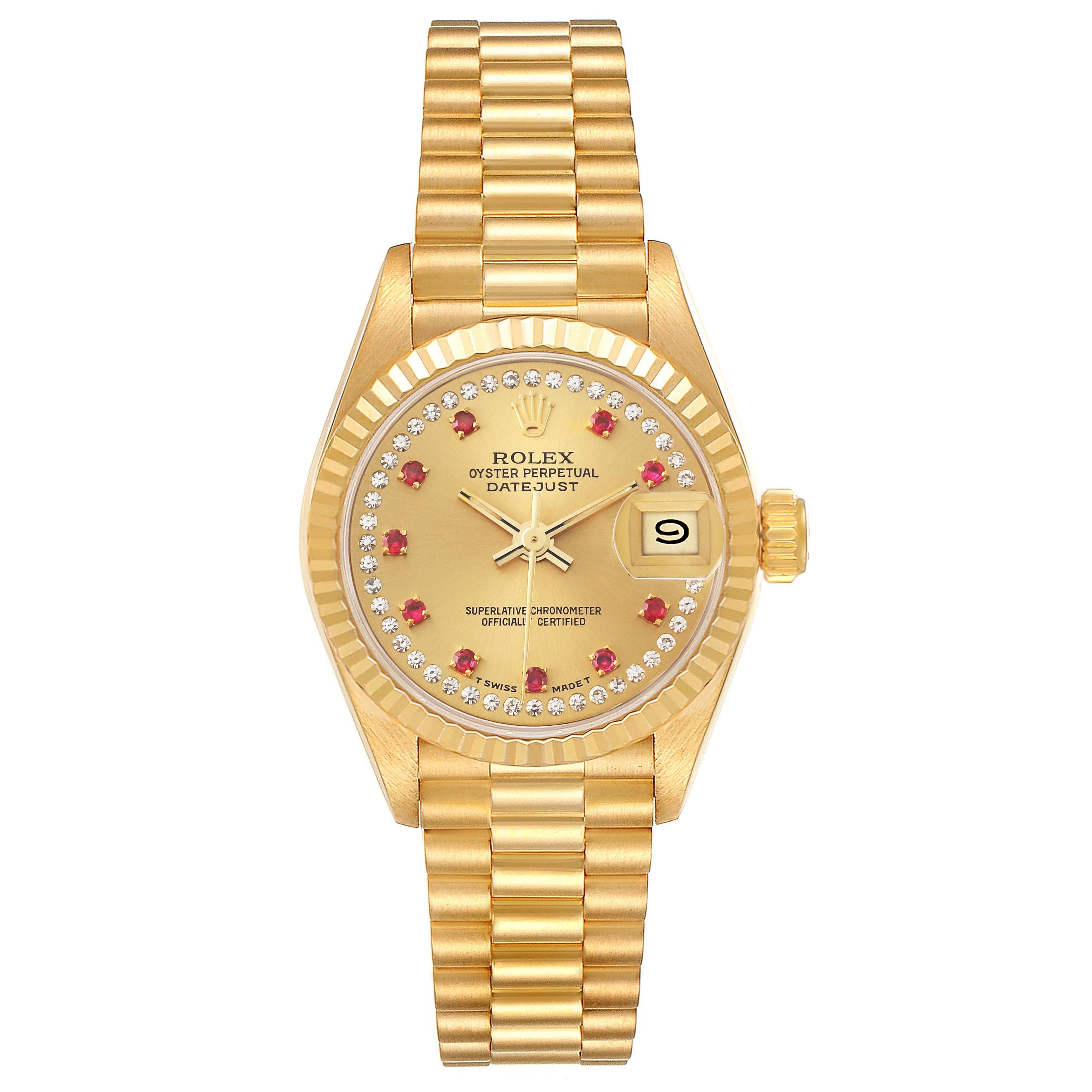 Rolex President Datejust Yellow Gold Diamonds Rubies Watch 69178