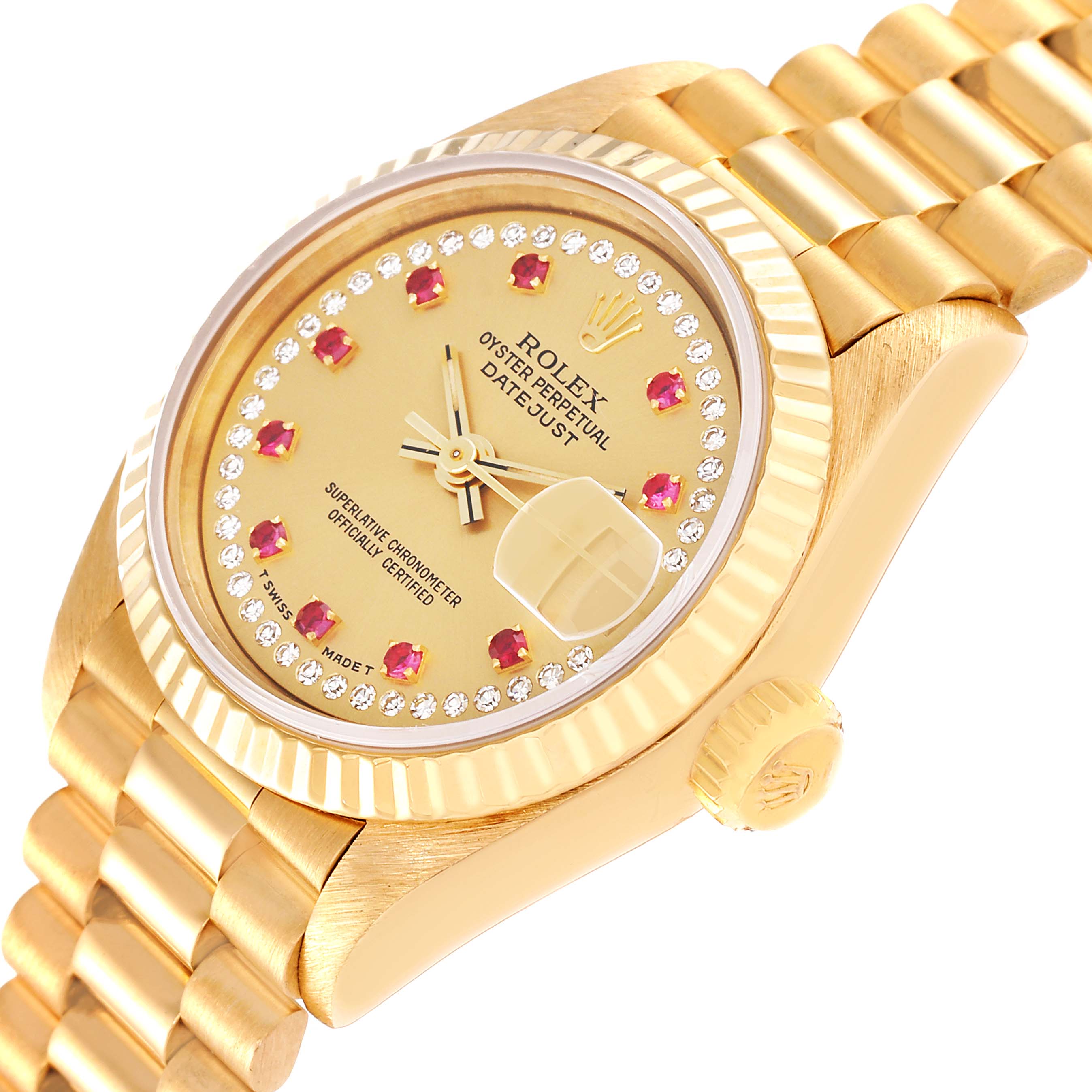Rolex President Datejust Yellow Gold Diamonds Rubies Watch 69178