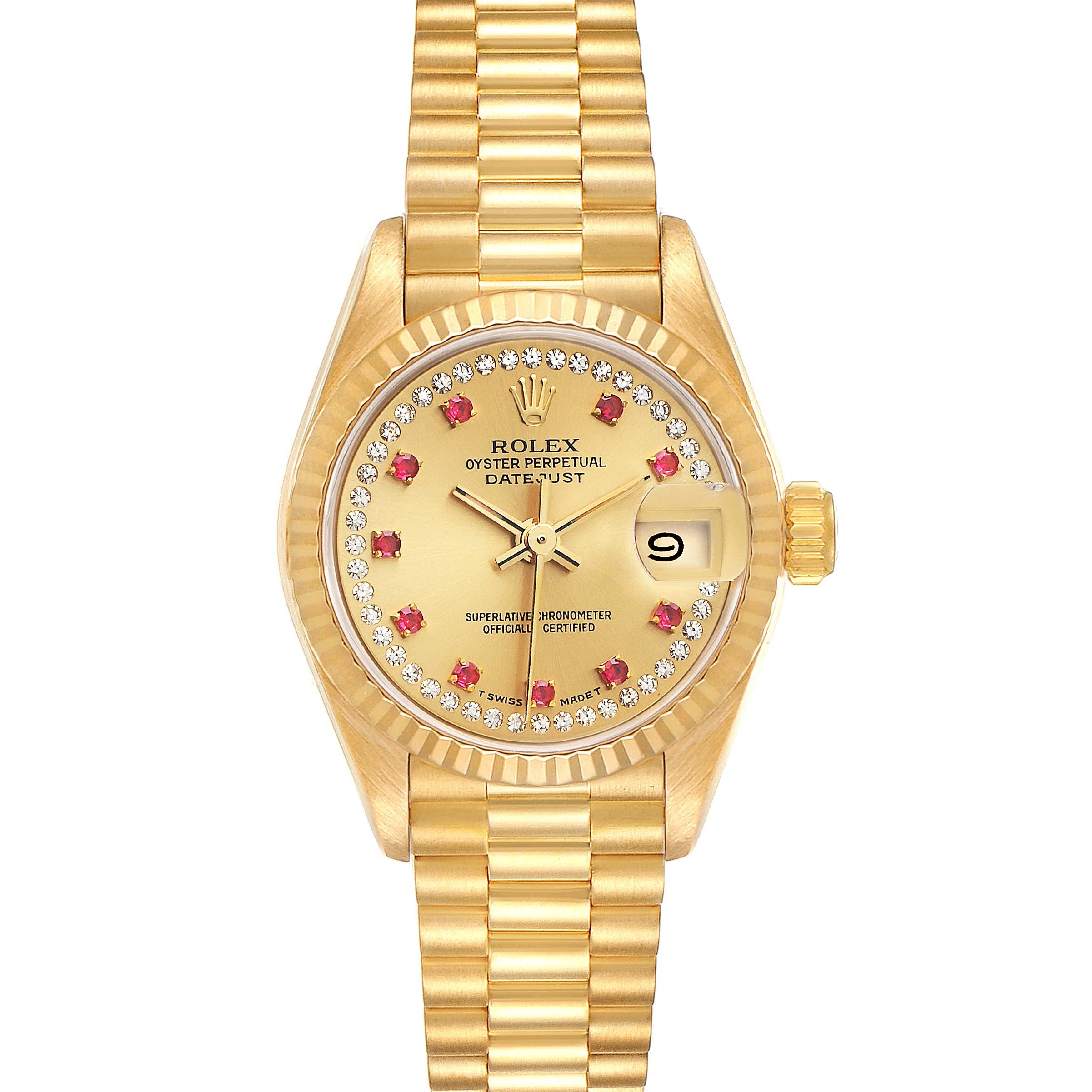 Rolex President Datejust Yellow Gold Diamond Ruby Ladies Watch 69178 Box Papers