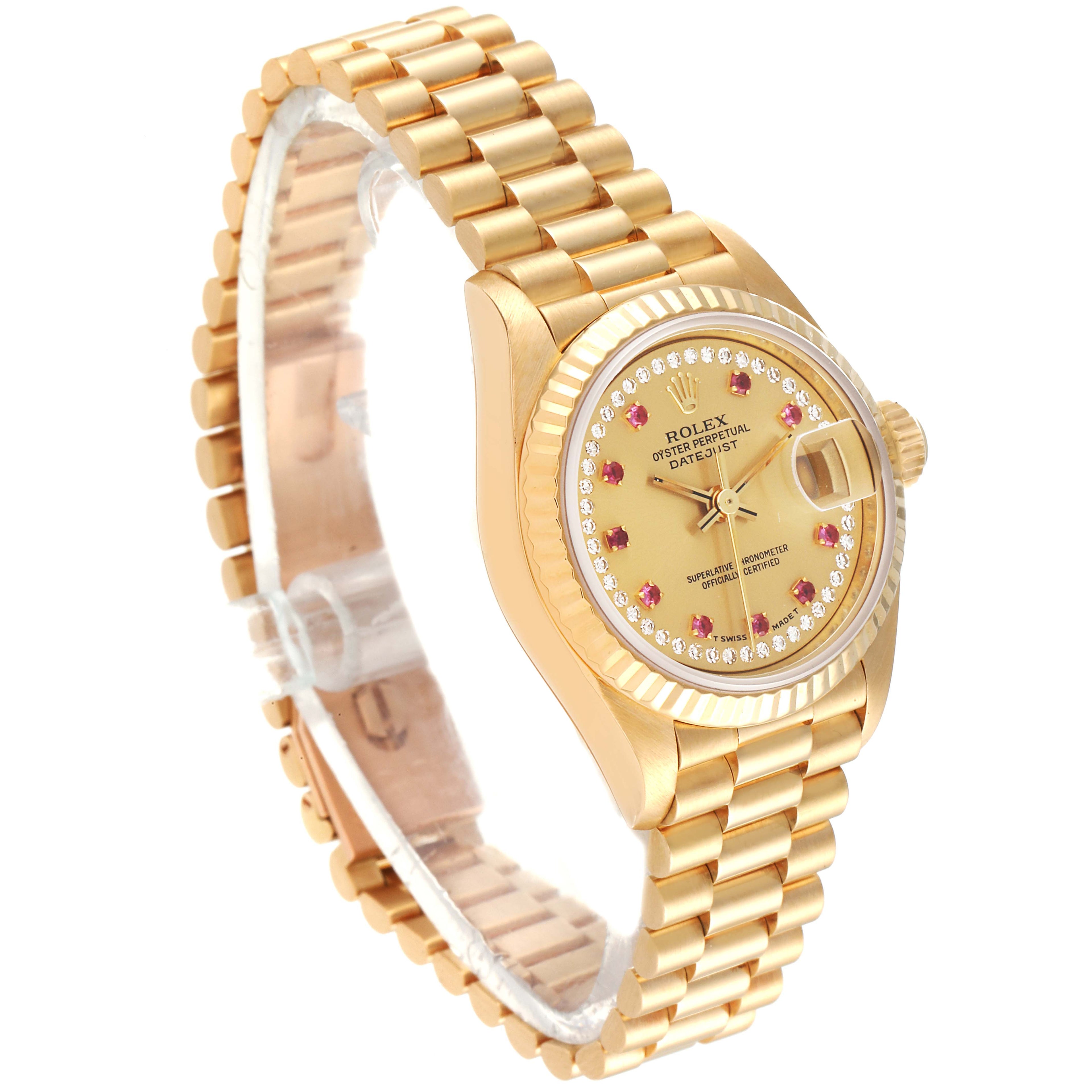 Rolex President Datejust Yellow Gold Diamond Ruby Ladies Watch 69178 Box Papers