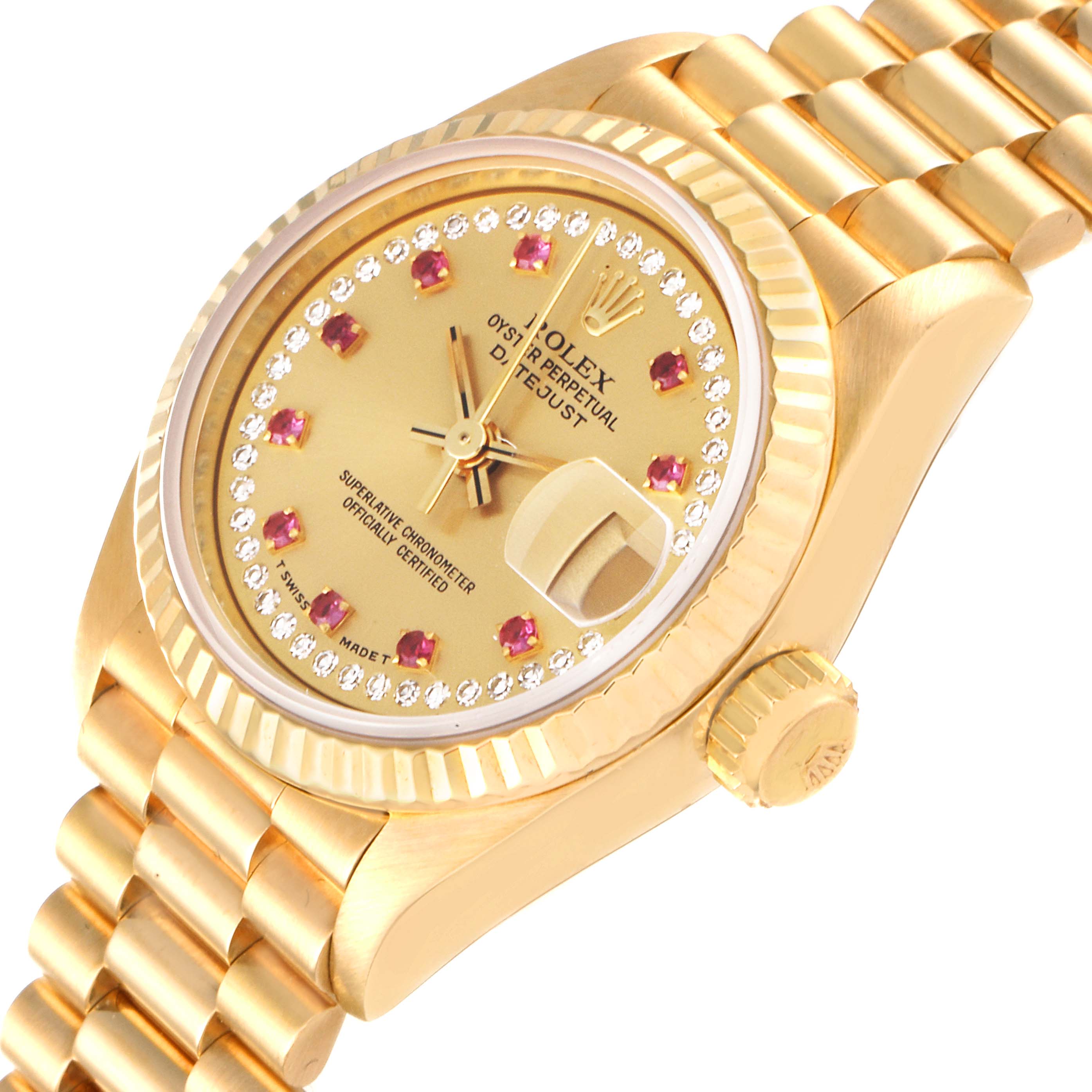 Rolex President Datejust Yellow Gold Diamond Ruby Ladies Watch 69178 Box Papers