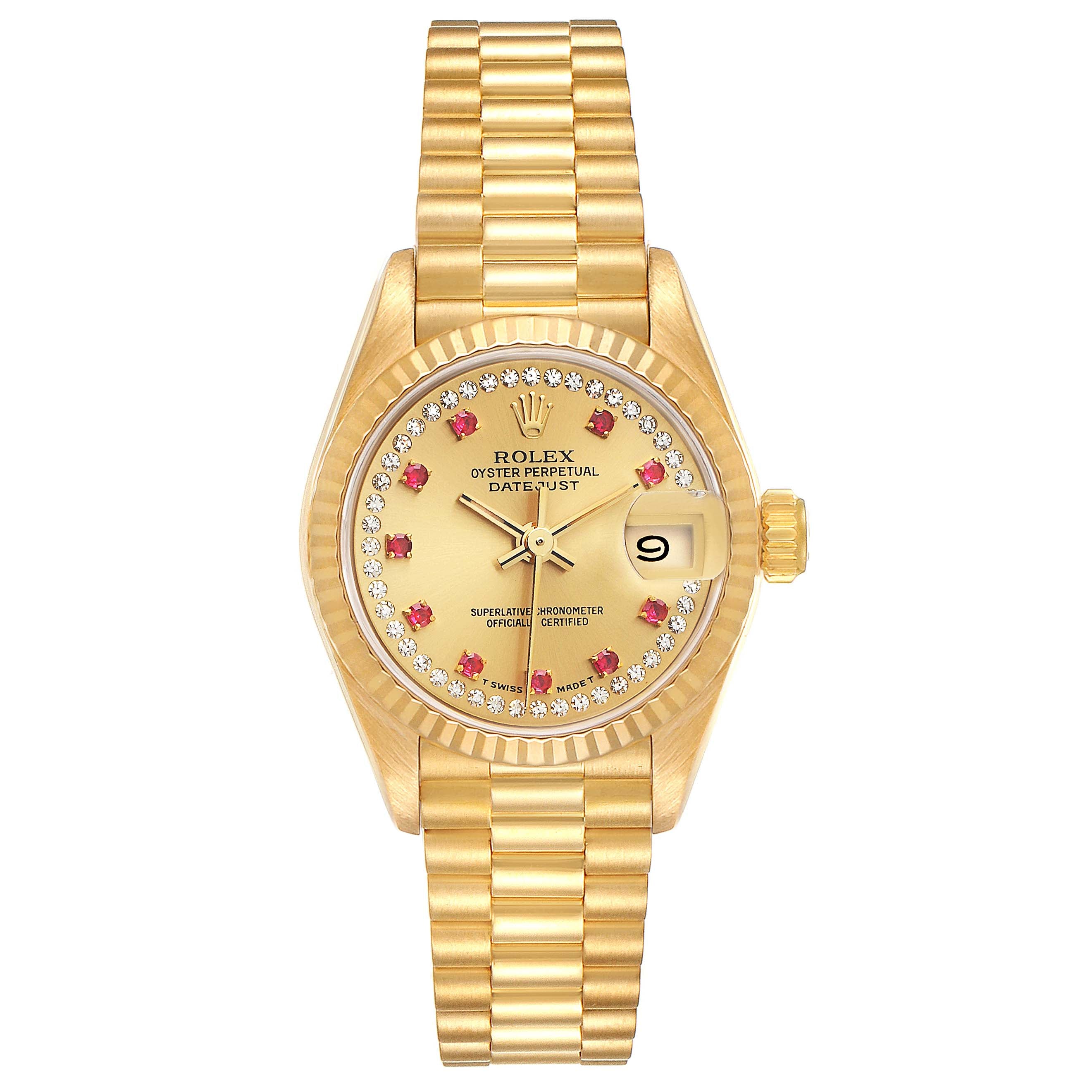 Rolex President Datejust Yellow Gold Diamond Ruby Ladies Watch 69178 Box Papers