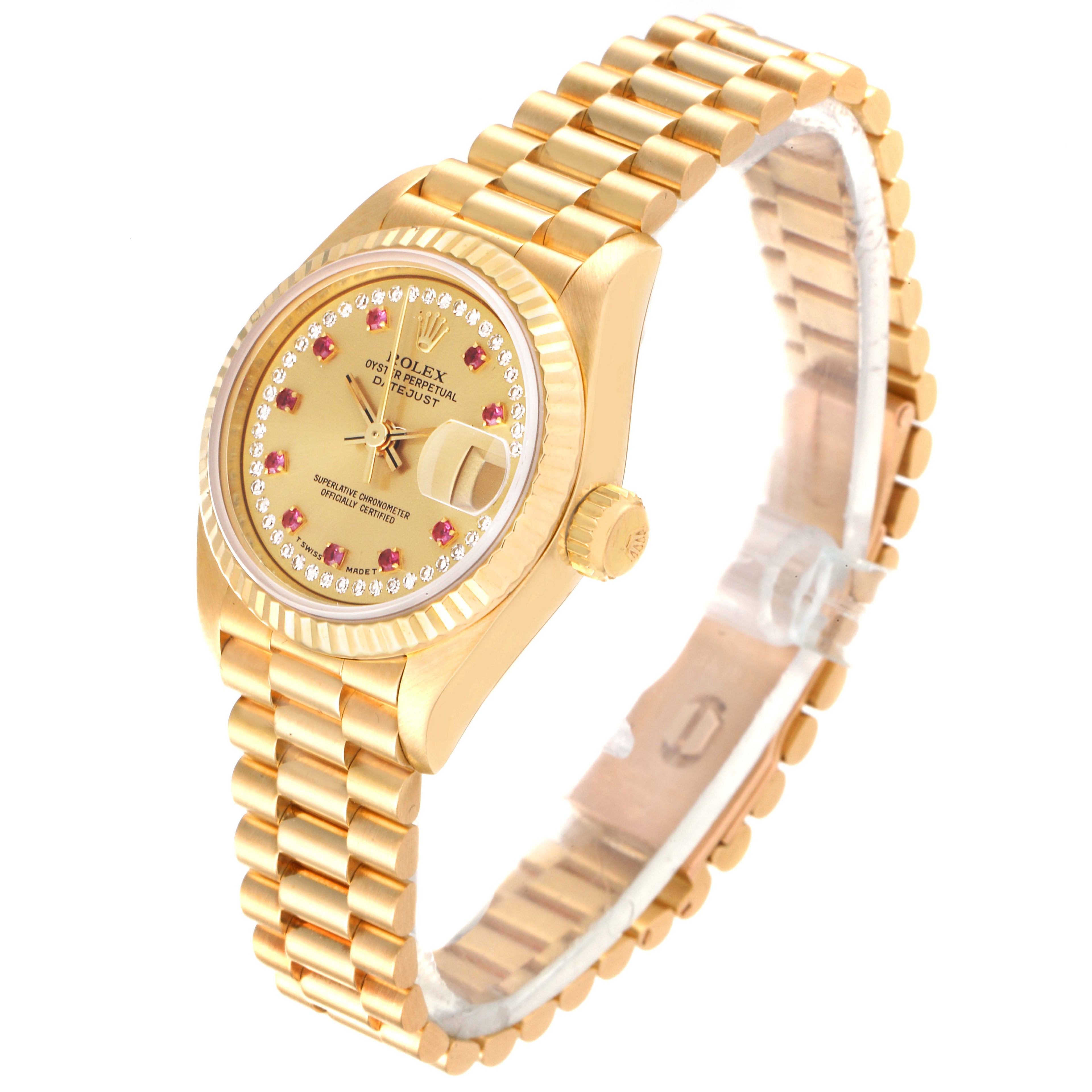 Rolex President Datejust Yellow Gold Diamond Ruby Ladies Watch 69178 Box Papers
