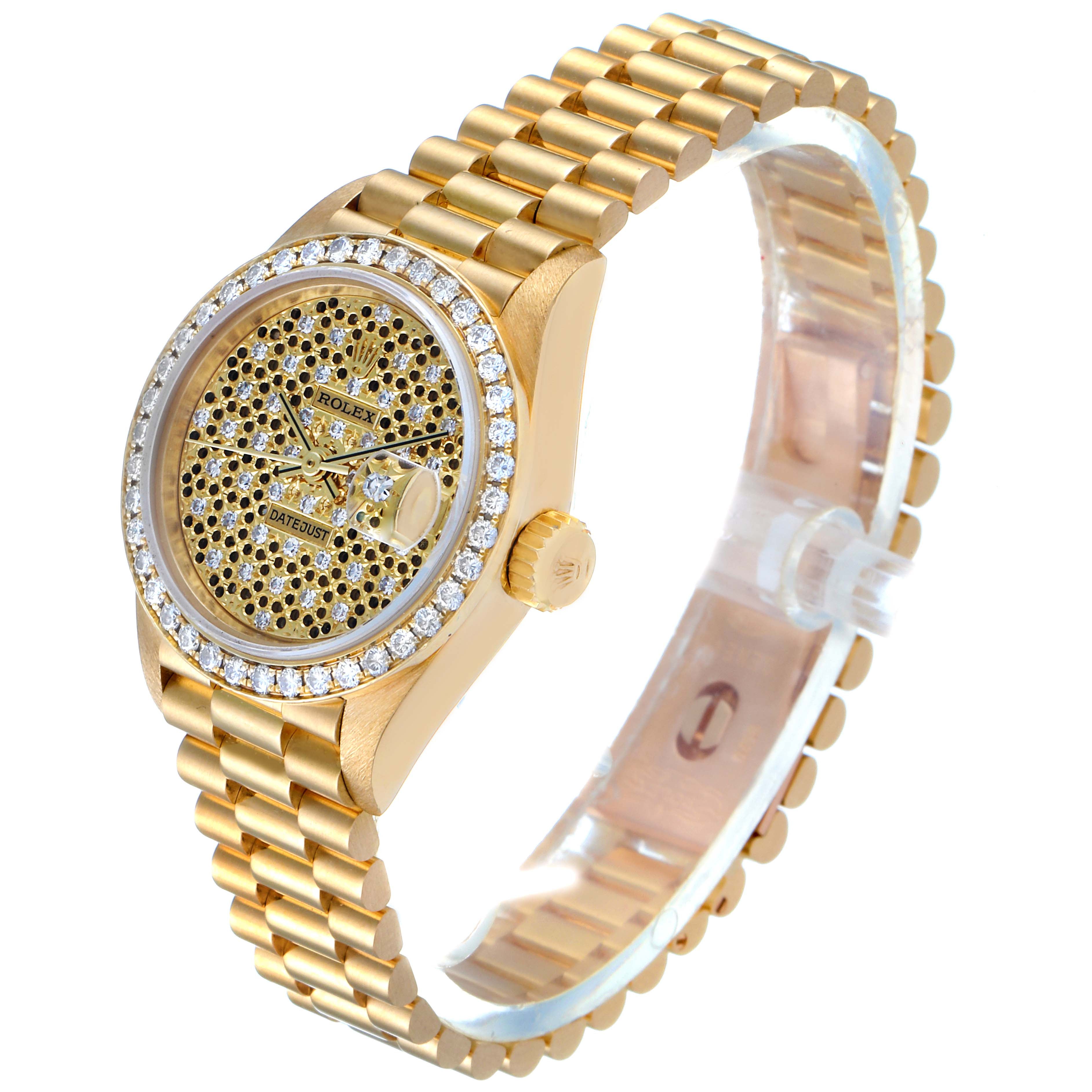 Rolex President Yellow Gold Honeycomb Diamond Dial Ladies Watch 69138 Box Papers