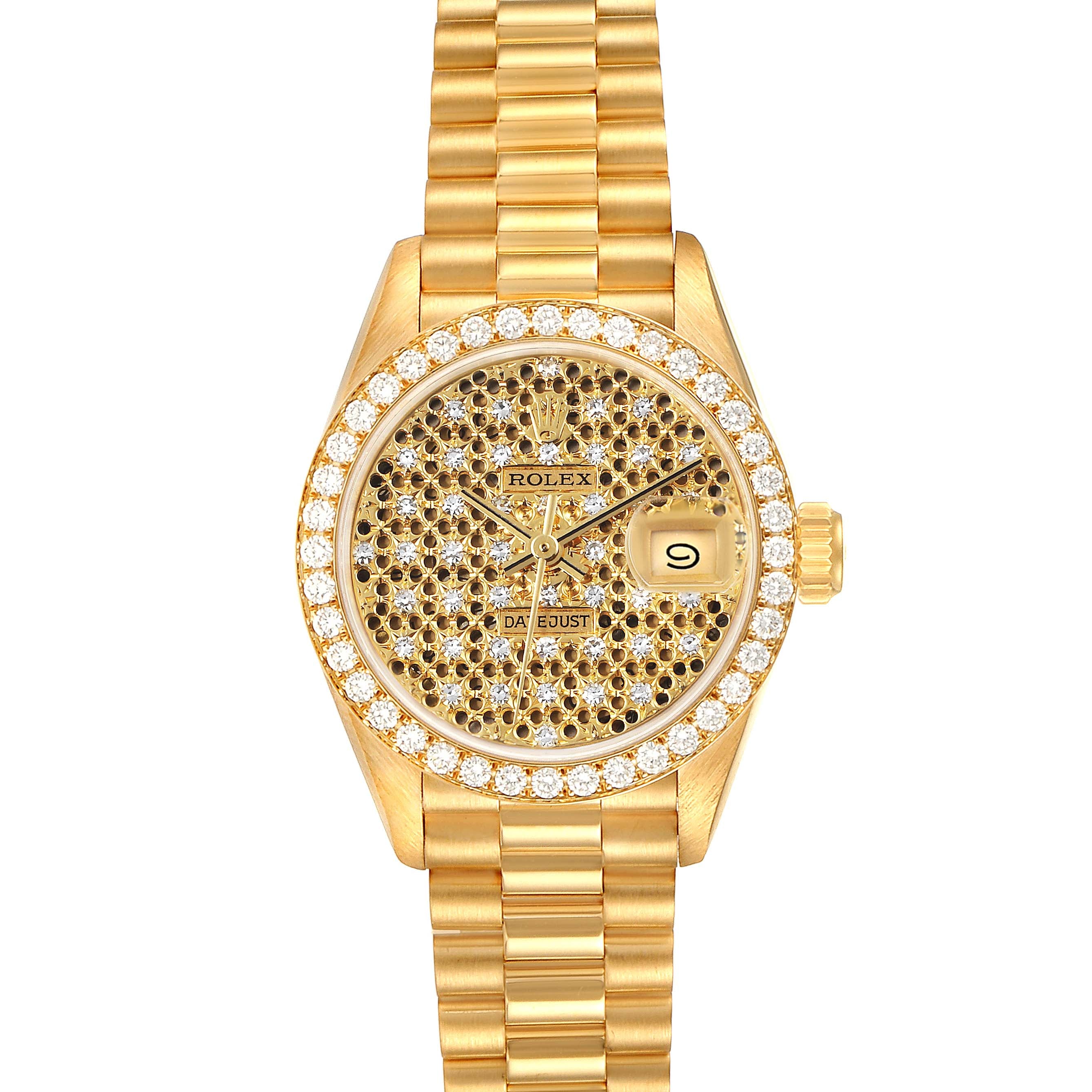 Rolex President Yellow Gold Honeycomb Diamond Dial Ladies Watch 69138 Box Papers