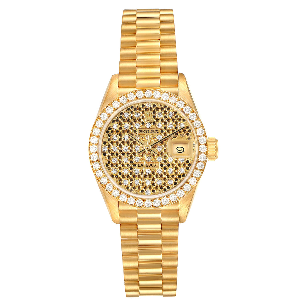 Rolex President Yellow Gold Honeycomb Diamond Dial Ladies Watch 69138 Box Papers