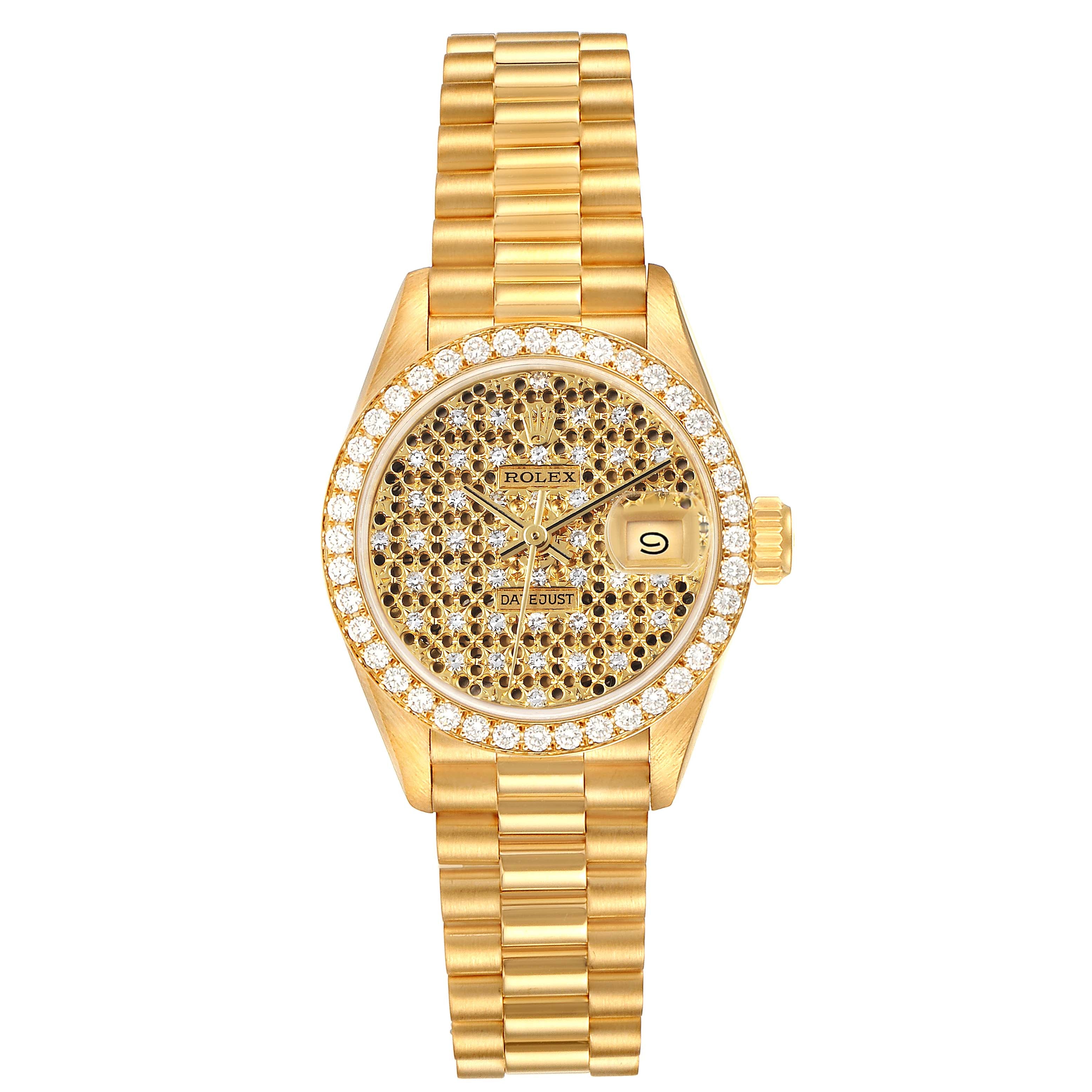 Rolex President Yellow Gold Honeycomb Diamond Dial Ladies Watch 69138 Box Papers