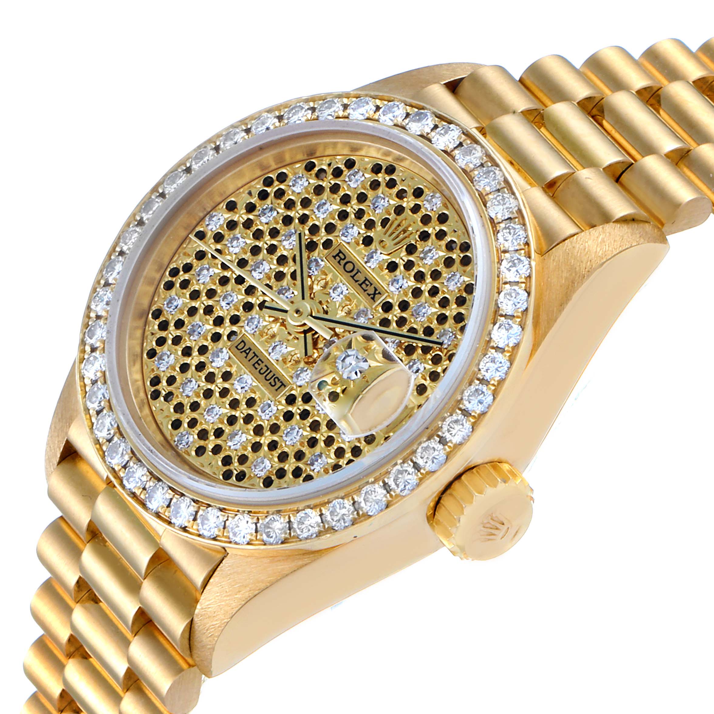 Rolex President Yellow Gold Honeycomb Diamond Dial Ladies Watch 69138 Box Papers