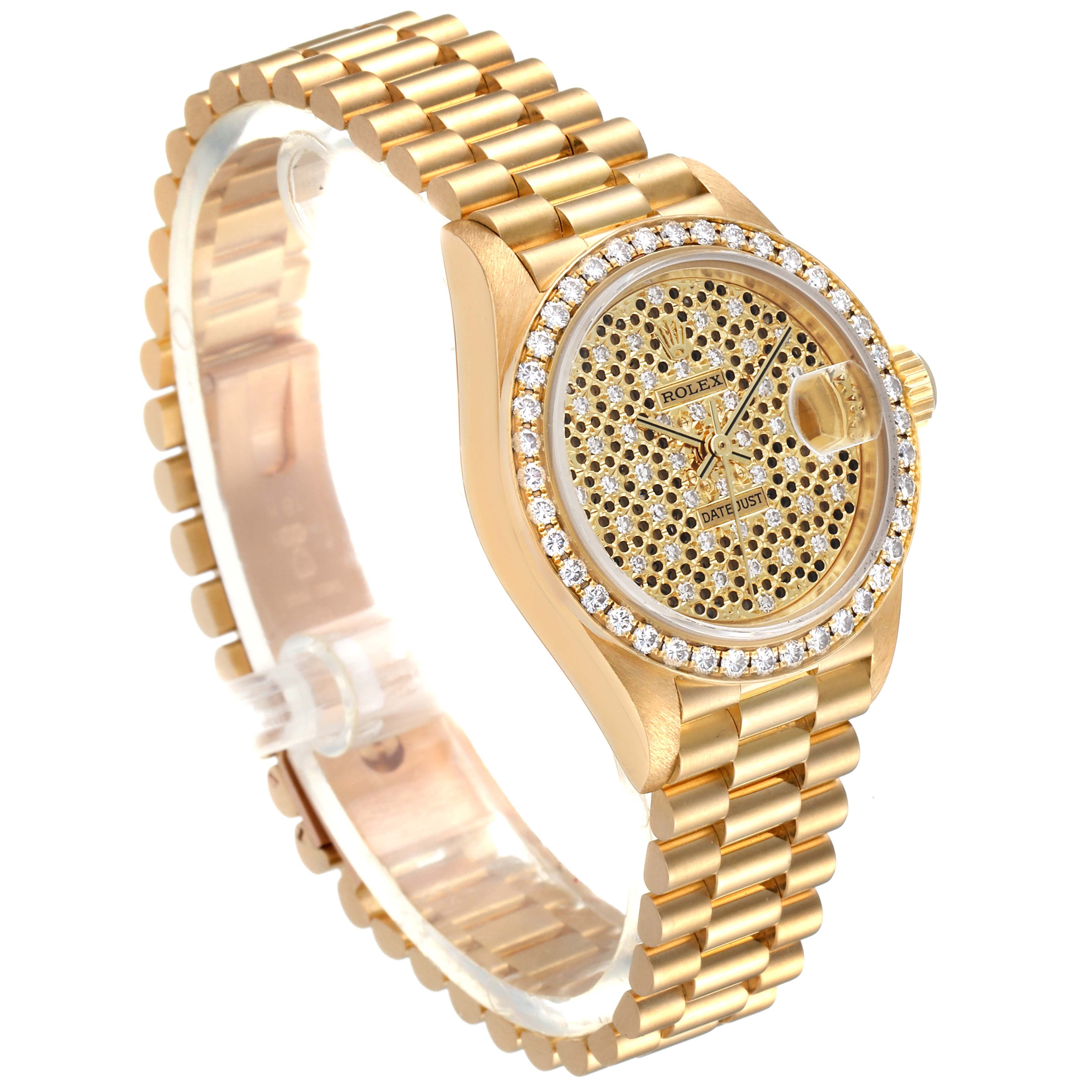 Rolex President Yellow Gold Honeycomb Diamond Dial Ladies Watch 69138 Box Papers