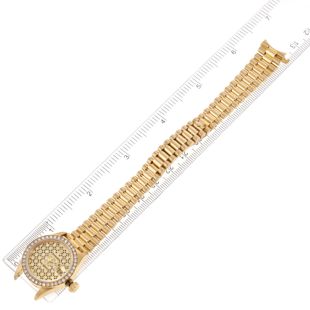 Rolex President Yellow Gold Honeycomb Diamond Dial Ladies Watch 69138 Box Papers