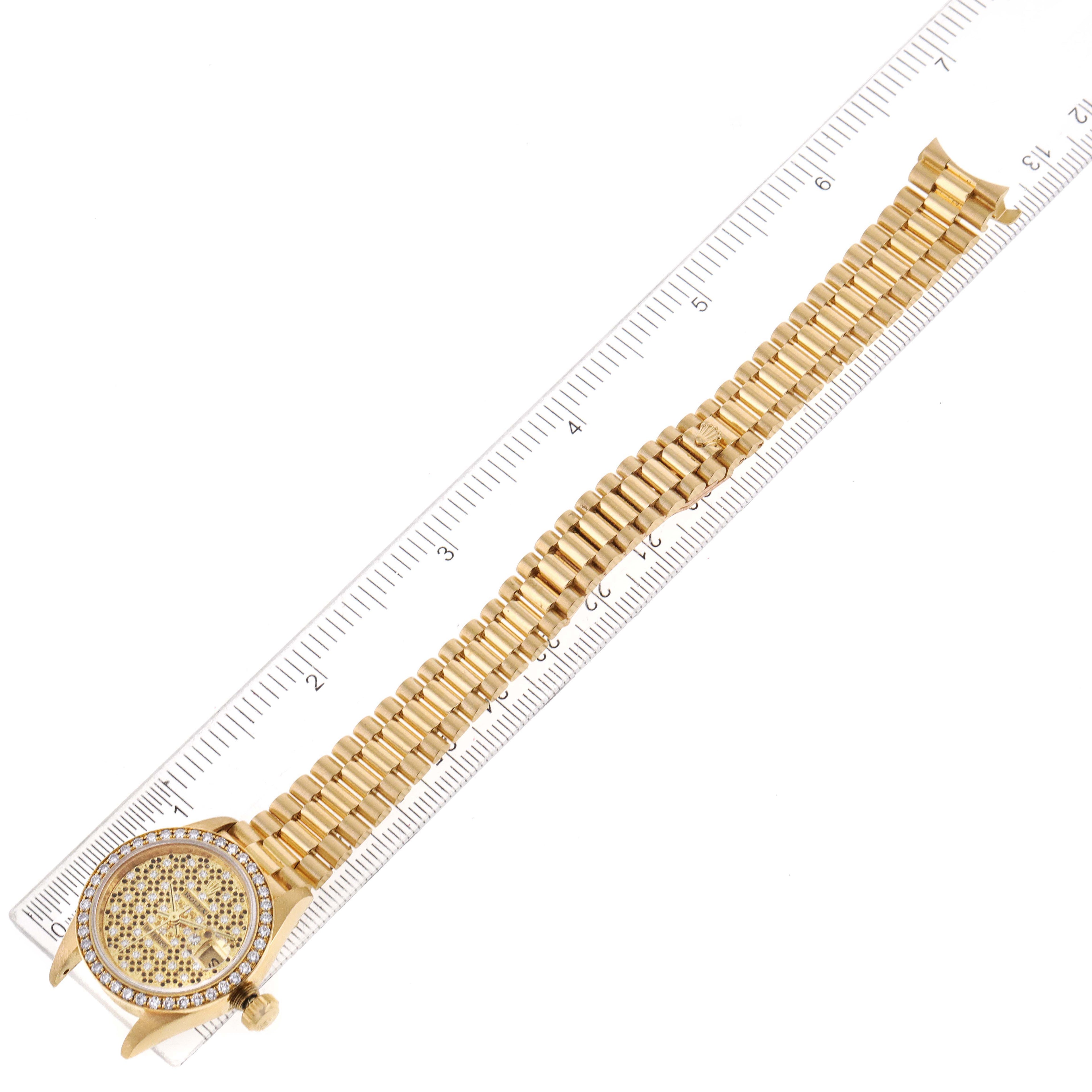 Rolex President Yellow Gold Honeycomb Diamond Dial Ladies Watch 69138 Box Papers