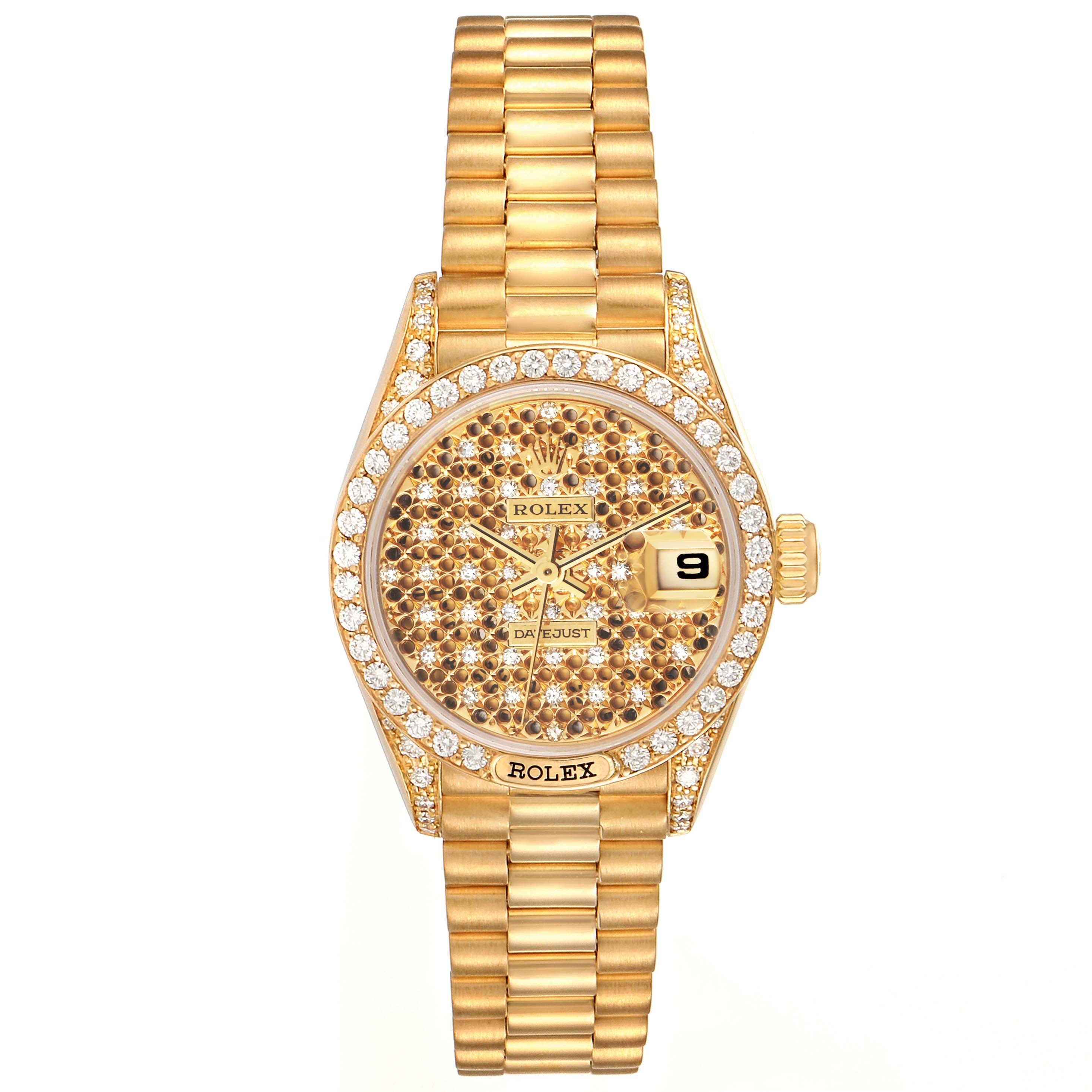 Rolex President Datejust Yellow Gold Honeycomb Diamond Watch 69158