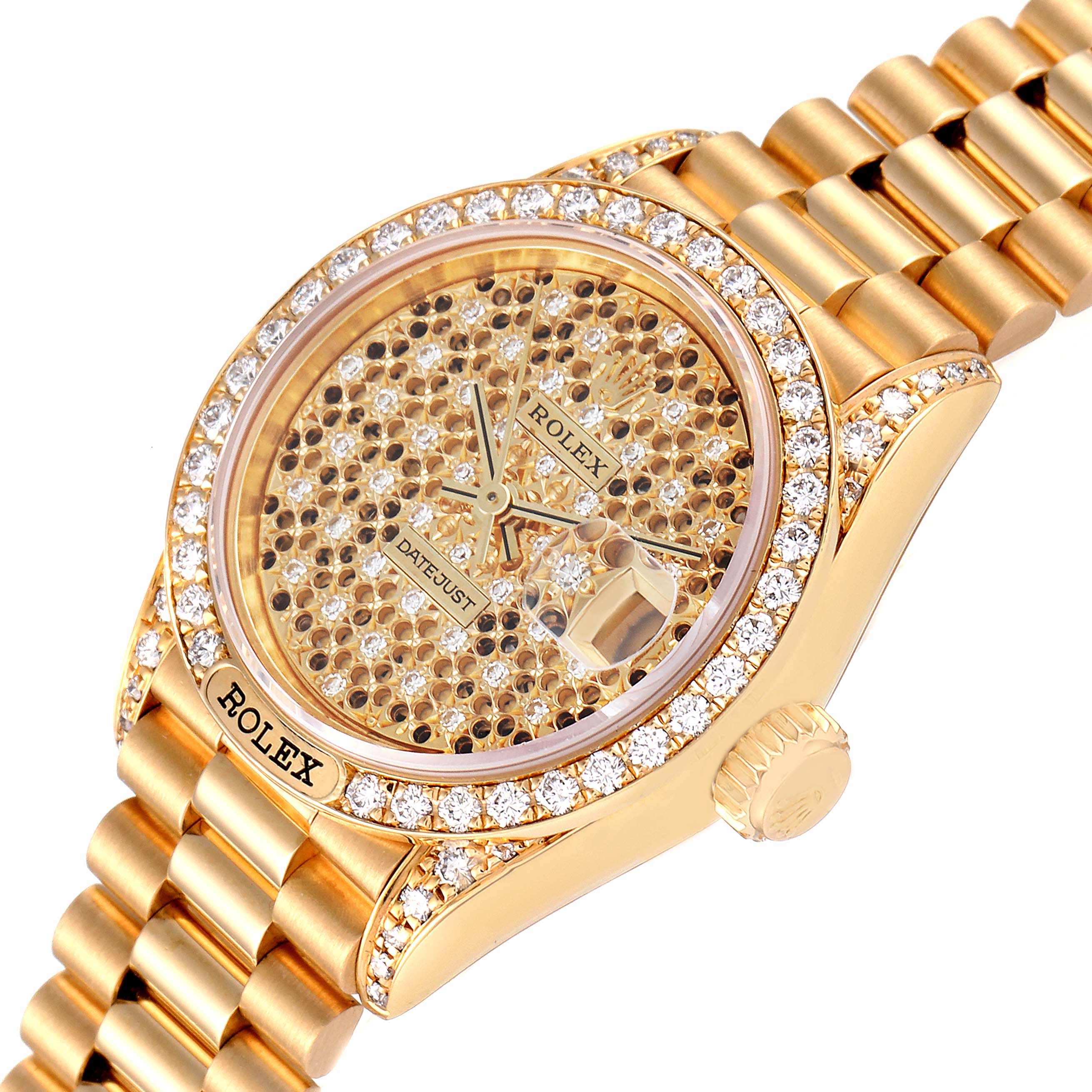 Rolex President Datejust Yellow Gold Honeycomb Diamond Watch 69158