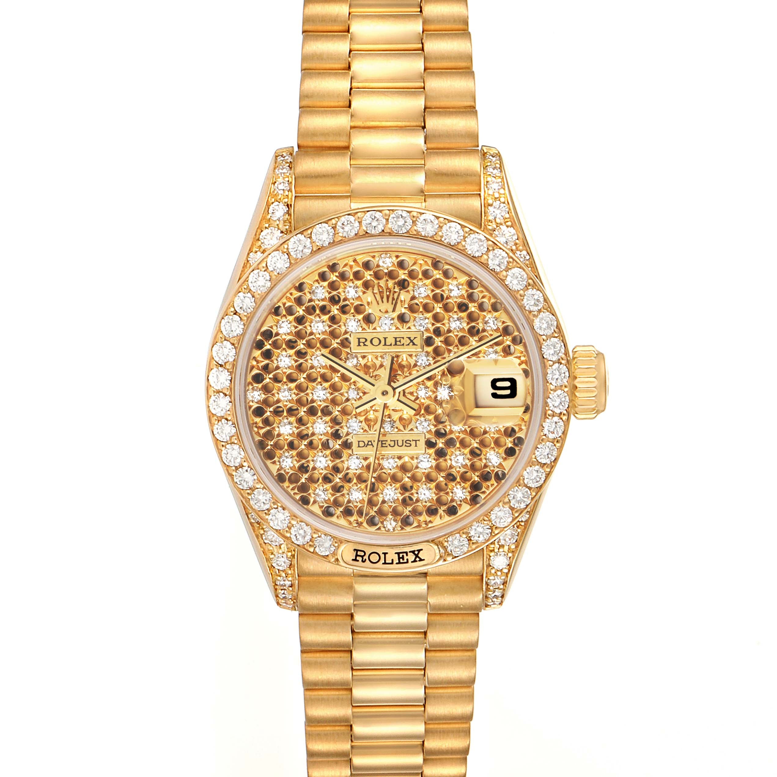 Rolex President Datejust Yellow Gold Honeycomb Diamond Watch 69158