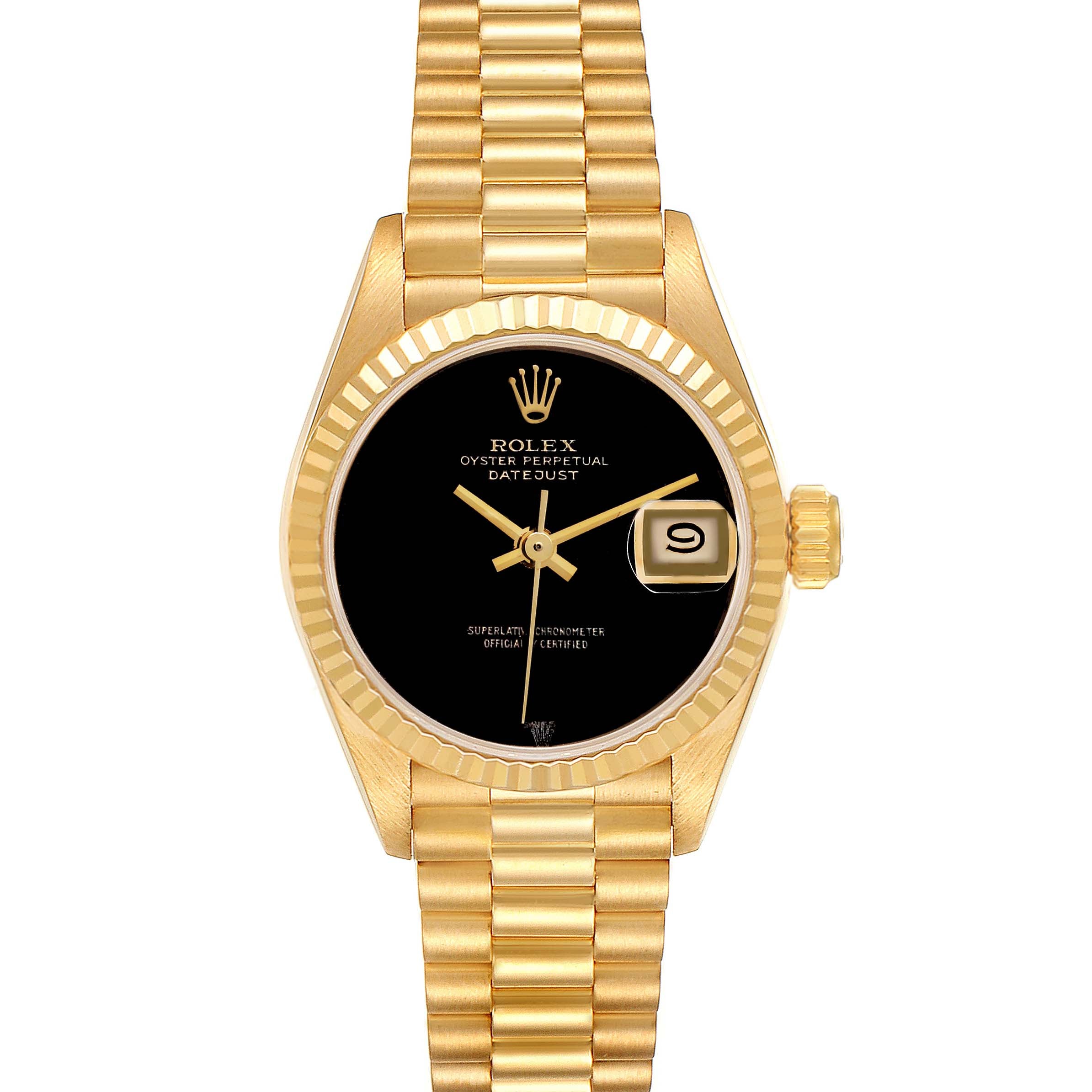 Rolex President Datejust Yellow Gold Onyx Stone Dial Ladies Watch 69178