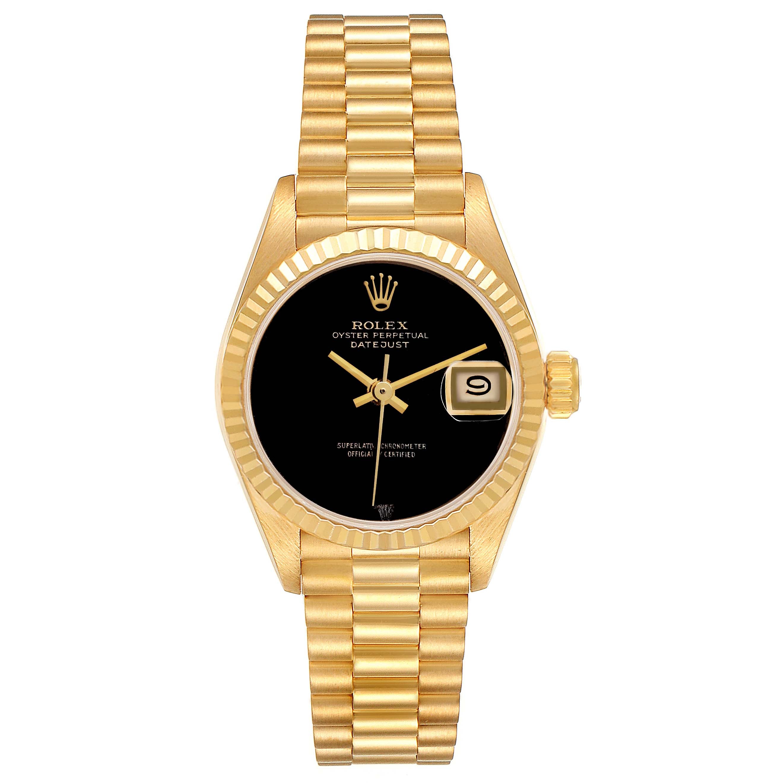 Rolex President Datejust Yellow Gold Onyx Stone Dial Ladies Watch 69178