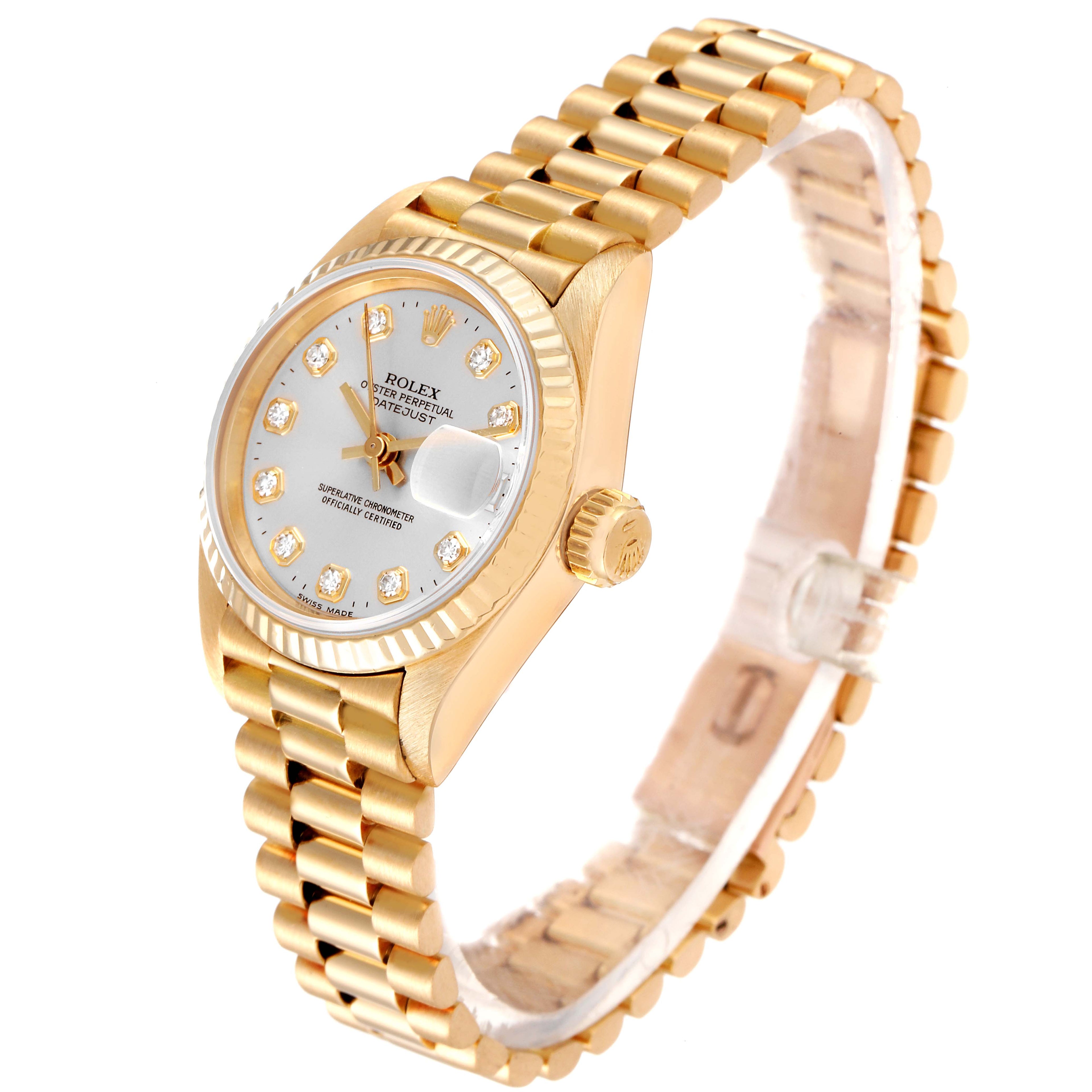 Rolex President Datejust Yellow Gold Silver Diamond Dial Ladies Watch 69178