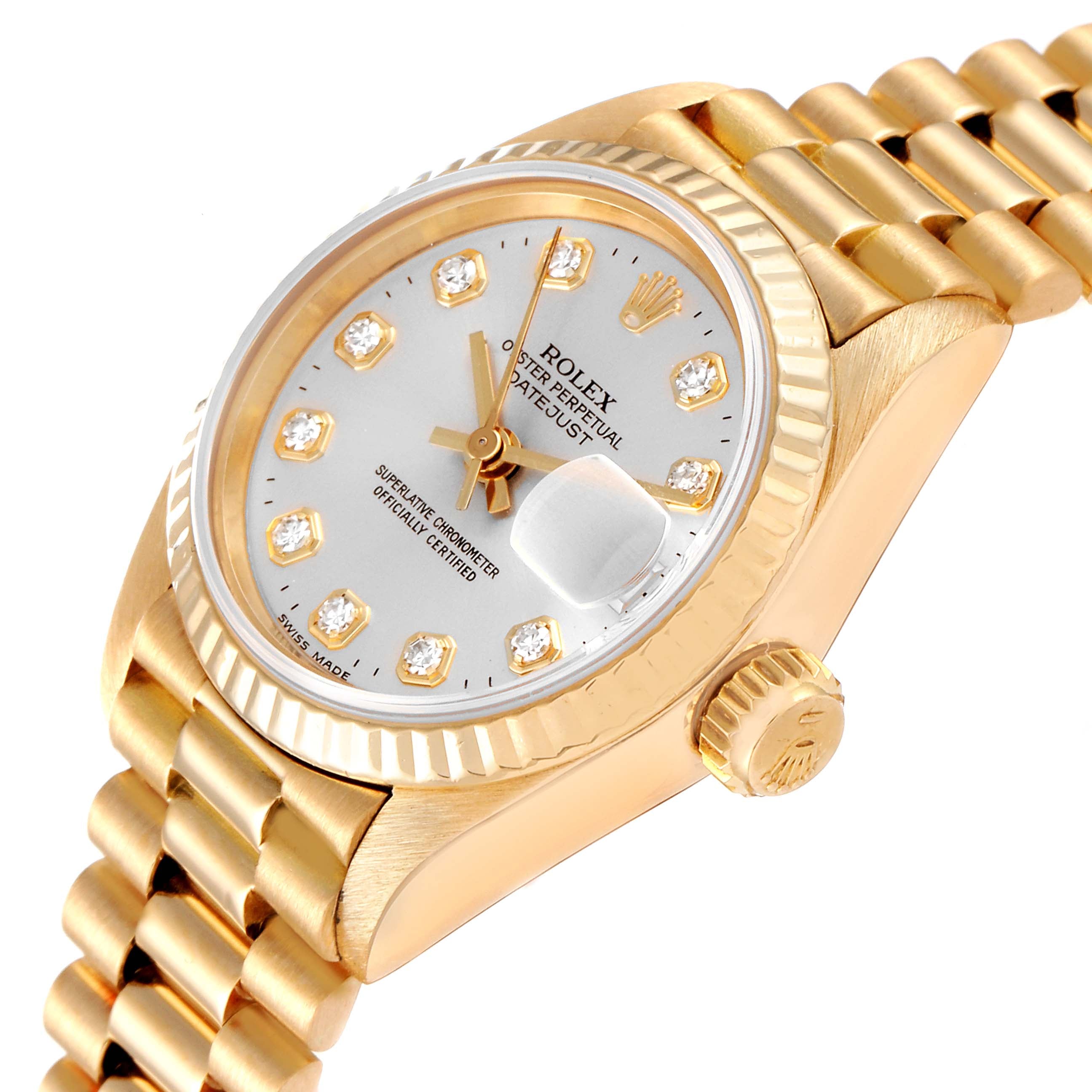 Rolex President Datejust Yellow Gold Silver Diamond Dial Ladies Watch 69178