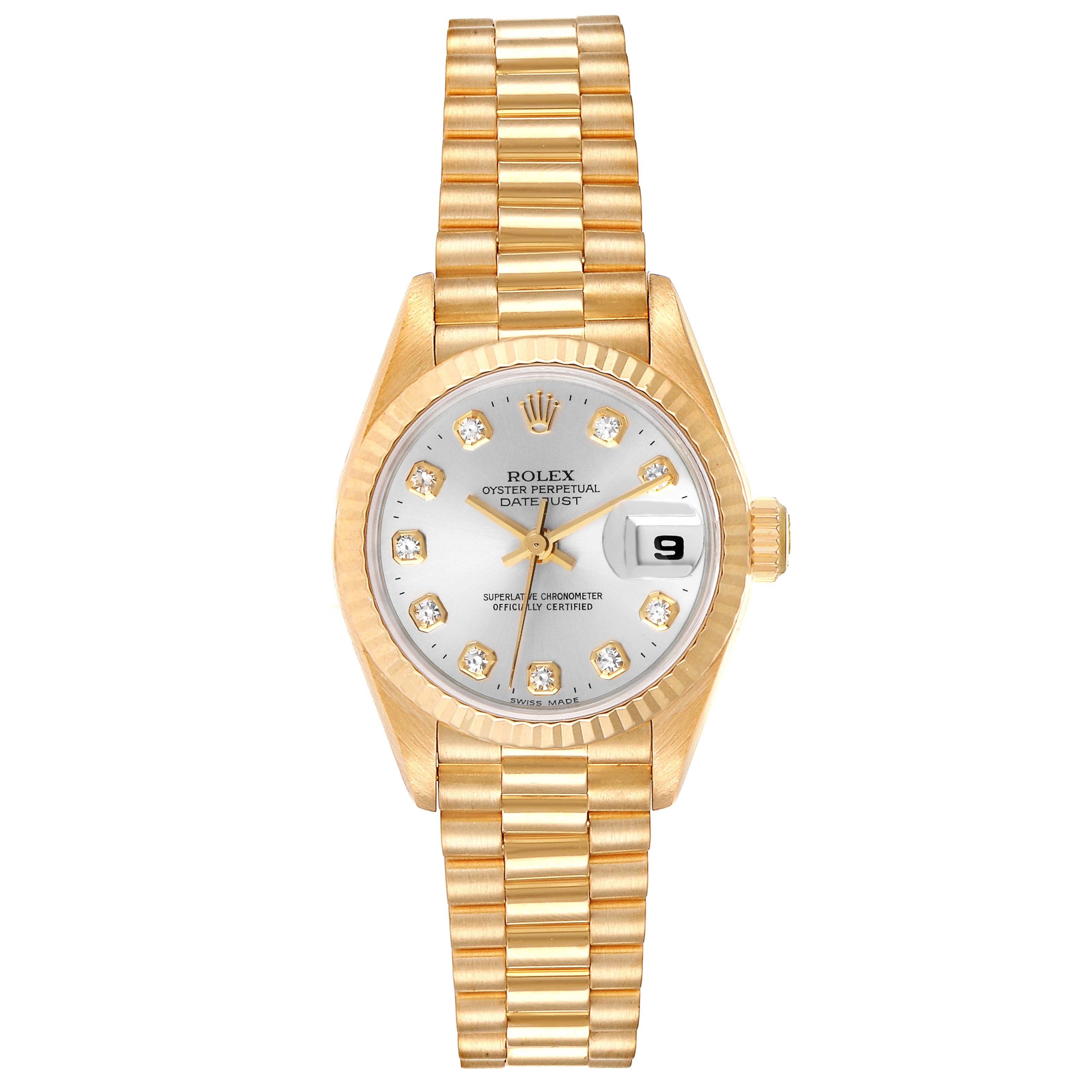 Rolex President Datejust Yellow Gold Silver Diamond Dial Ladies Watch 69178
