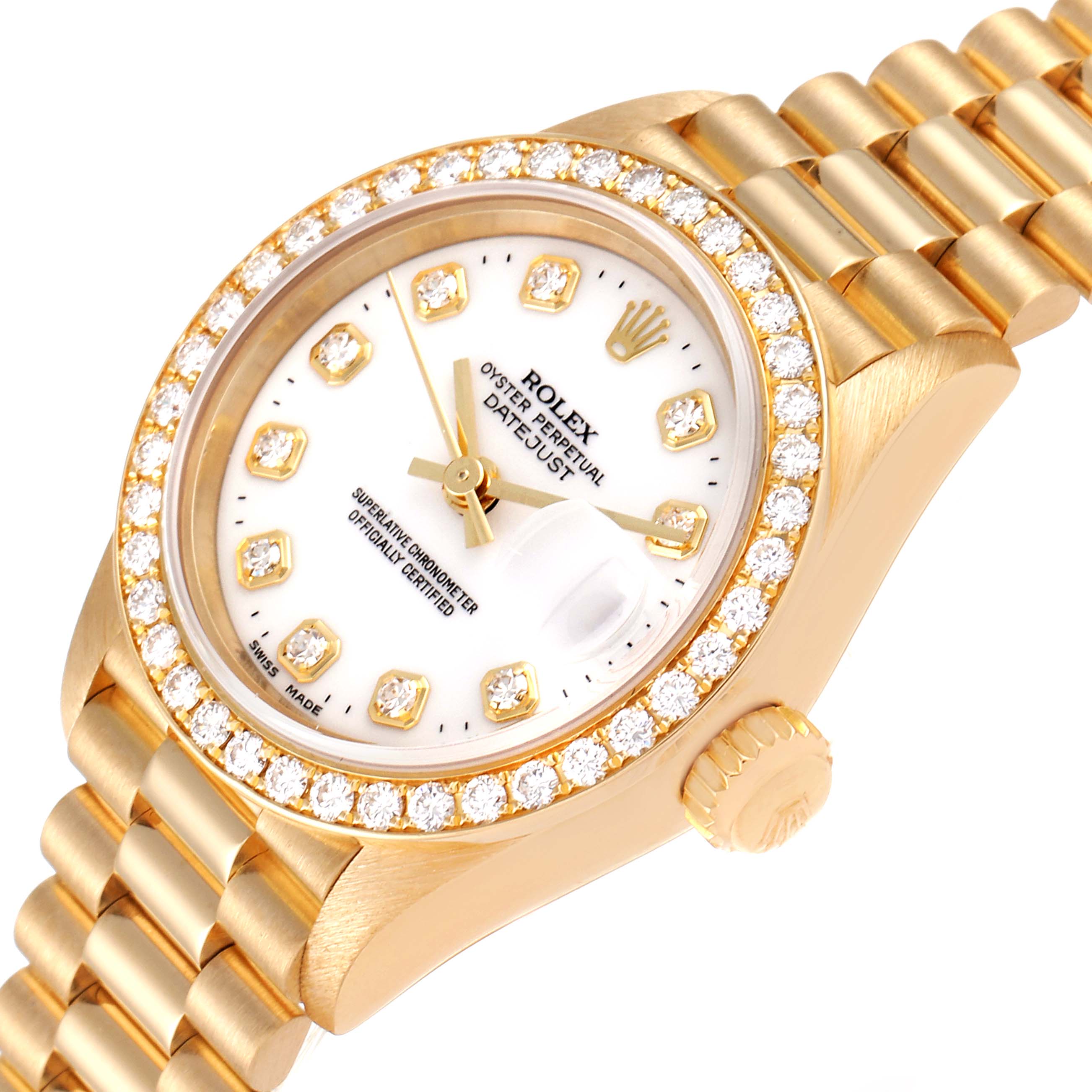 Rolex President Datejust Yellow Gold White Diamond Dial Watch 69138 Box Papers
