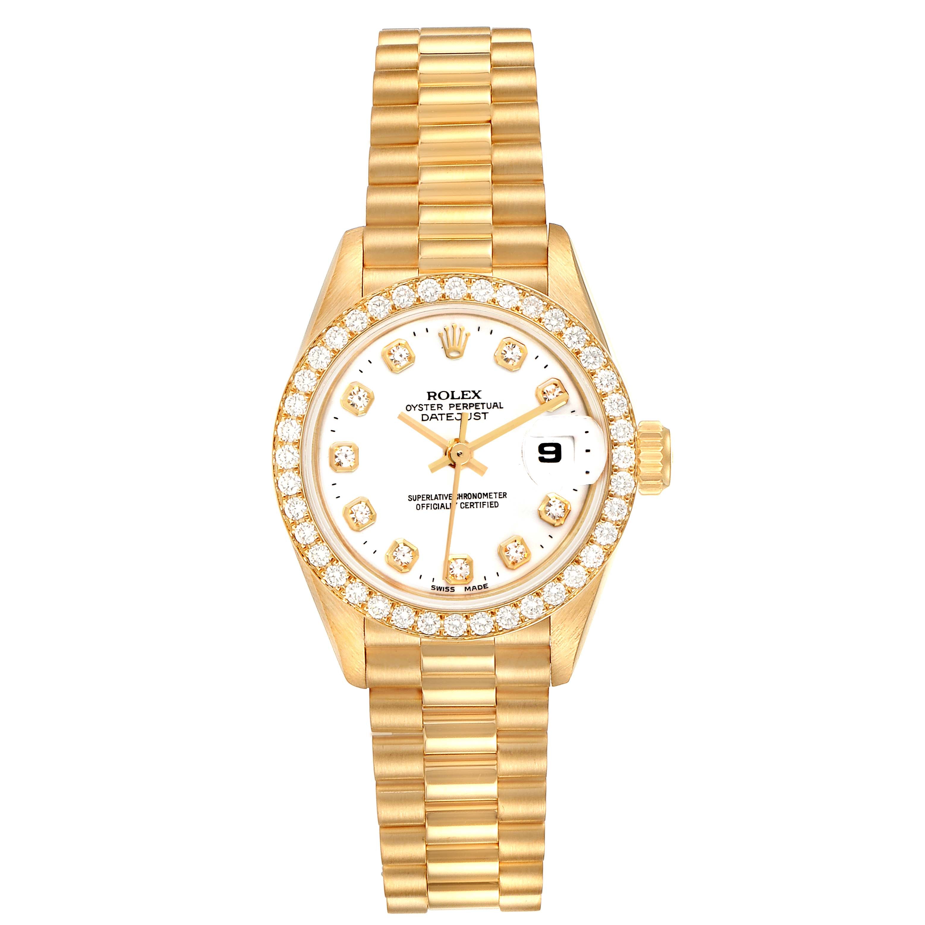 Rolex President Datejust Yellow Gold White Diamond Dial Watch 69138 Box Papers
