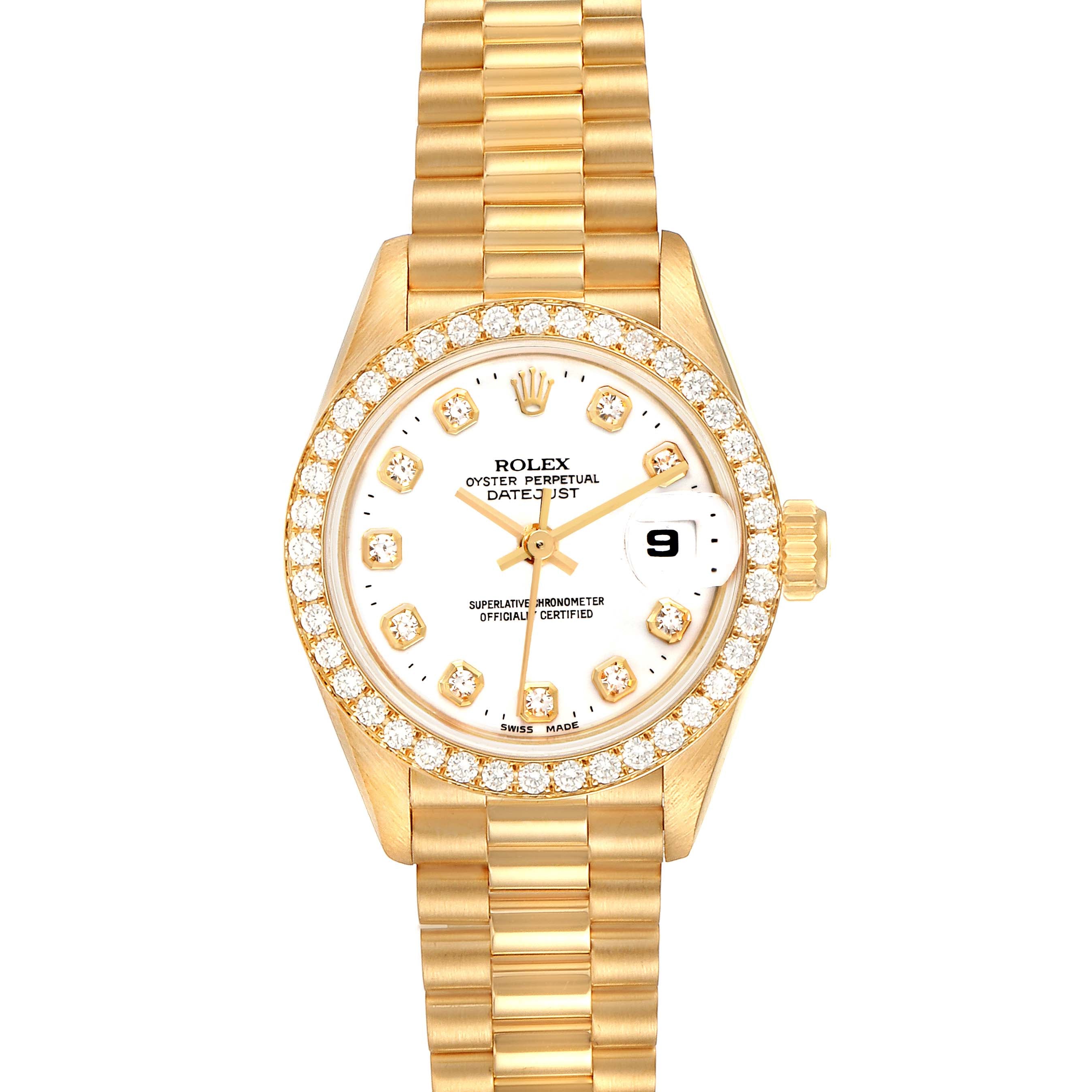 Rolex President Datejust Yellow Gold White Diamond Dial Watch 69138 Box Papers