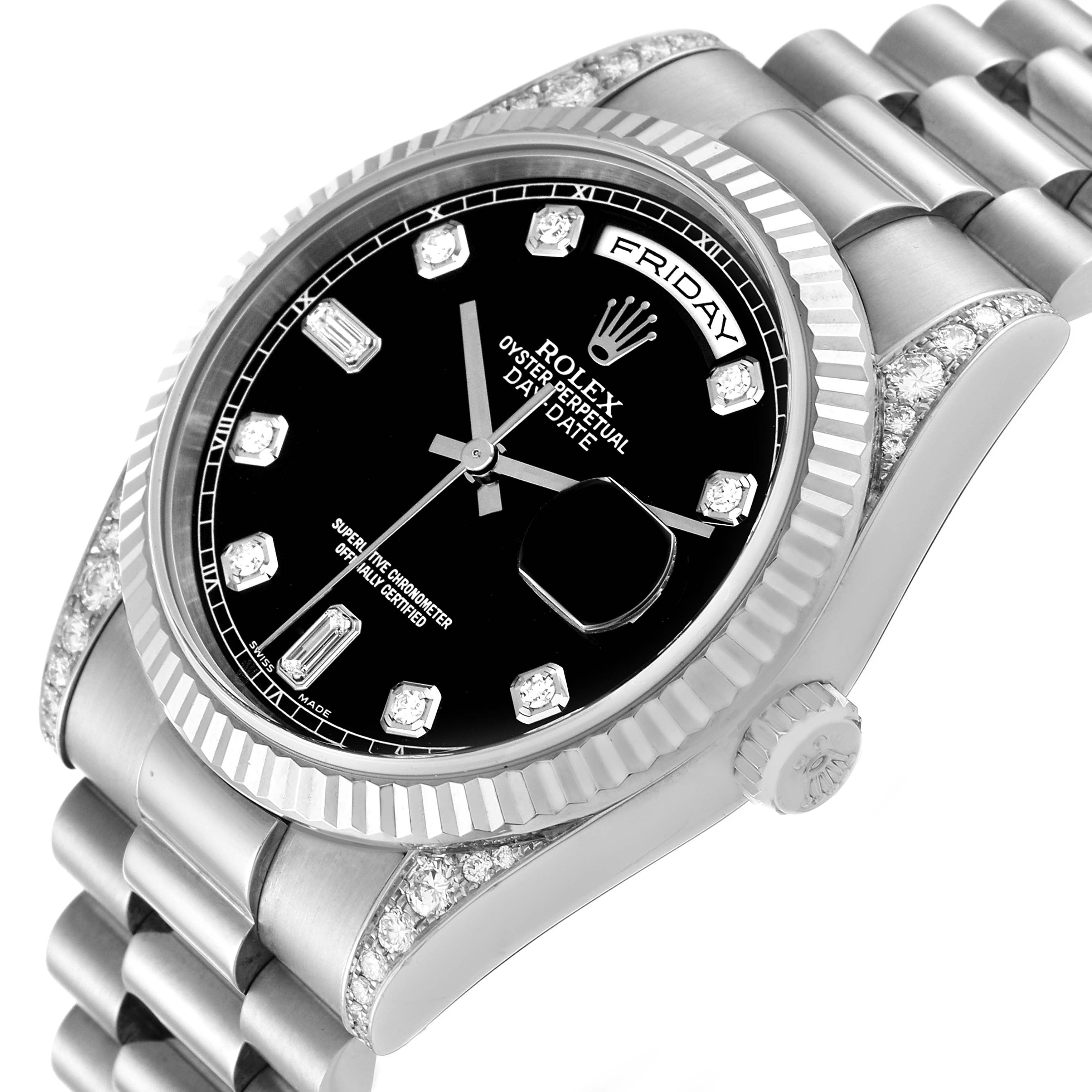 Rolex President Day-Date 18k White Gold Diamond Mens Watch 118339 Box Papers