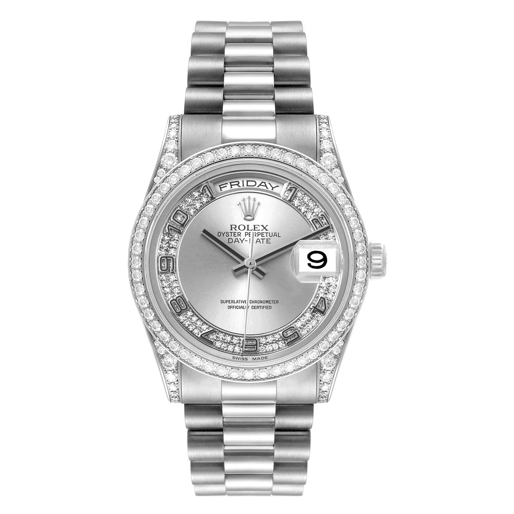 Rolex President Day-Date White Gold Myriad Diamond Mens Watch 118389 Box Papers