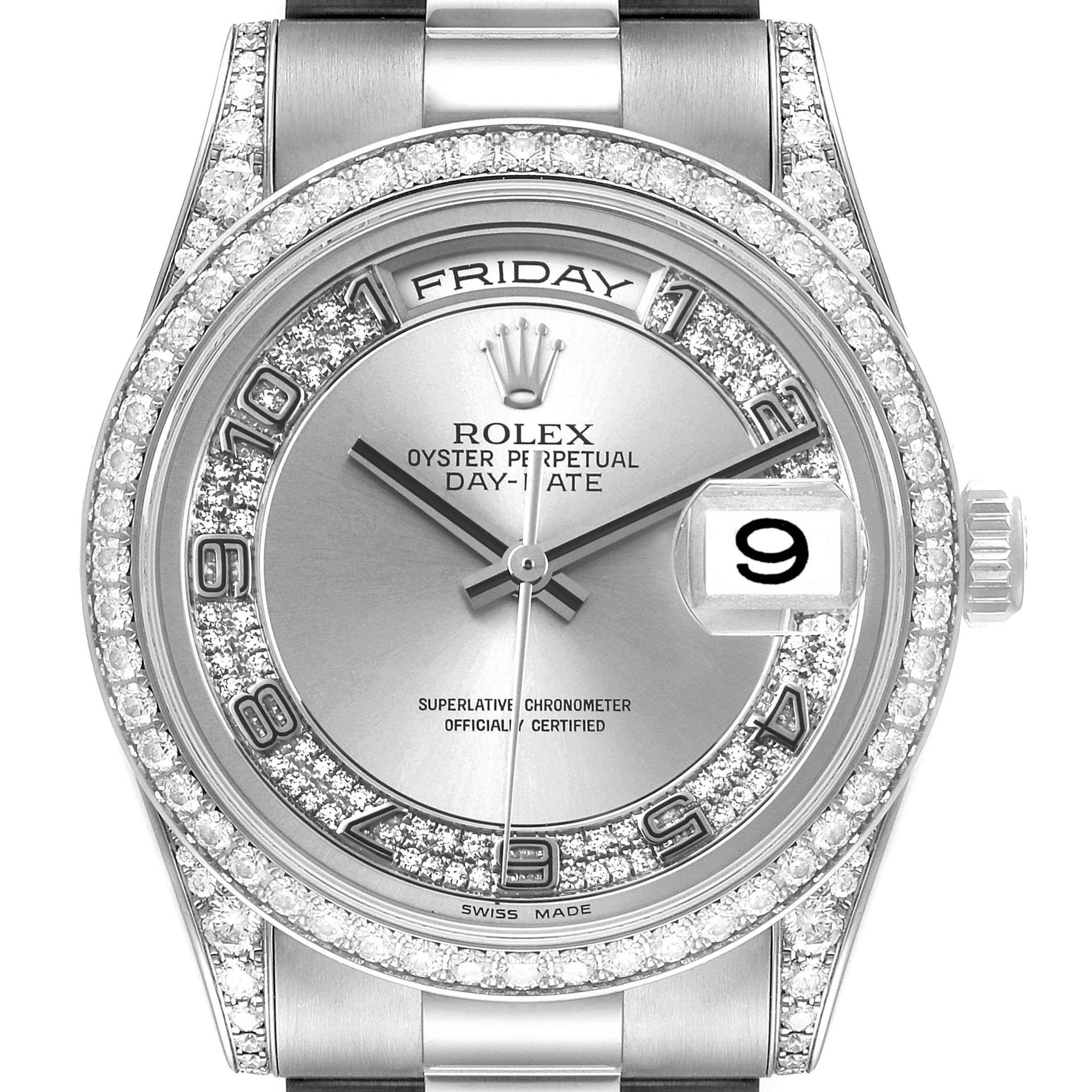 Rolex President Day-Date White Gold Myriad Diamond Mens Watch 118389 Box Papers
