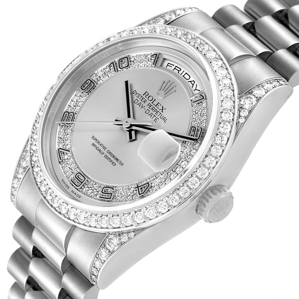 Rolex President Day-Date White Gold Myriad Diamond Mens Watch 118389 Box Papers