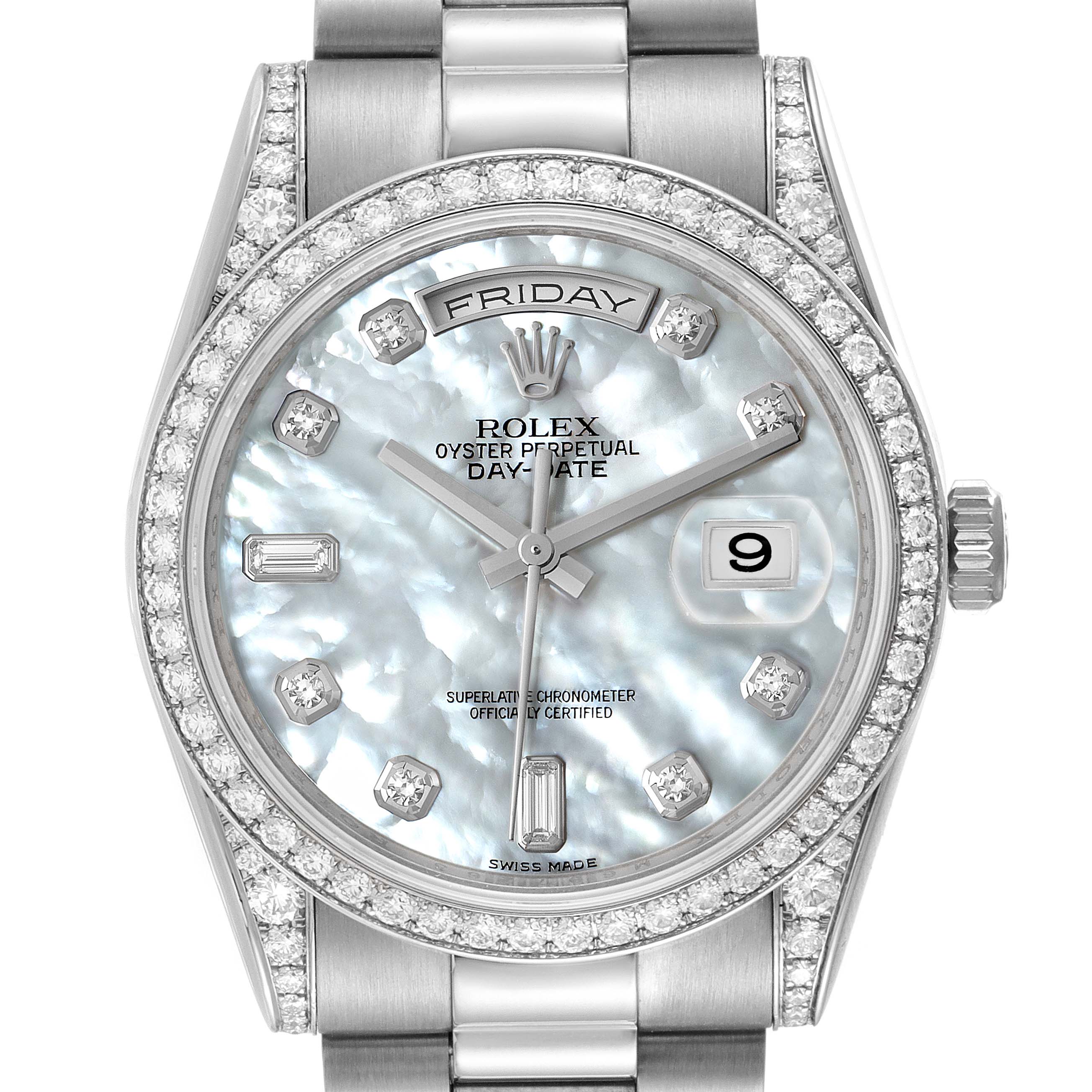 Rolex President Day-Date 18k White Gold MOP Diamond Watch 118389 Box Card