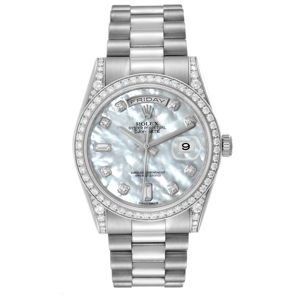 Rolex President Day-Date 18k White Gold MOP Diamond Watch 118389 Box Card