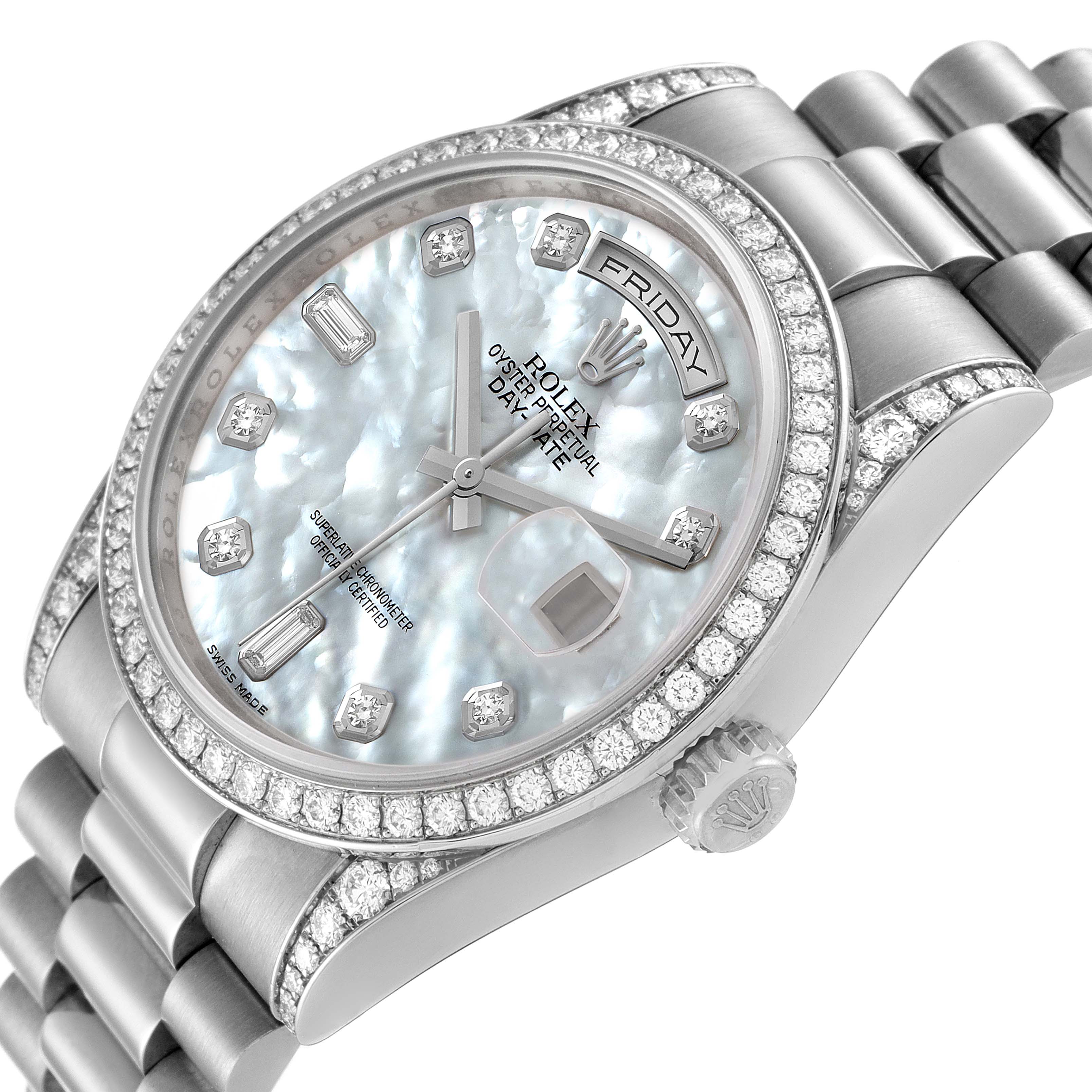 Rolex President Day-Date 18k White Gold MOP Diamond Watch 118389 Box Card
