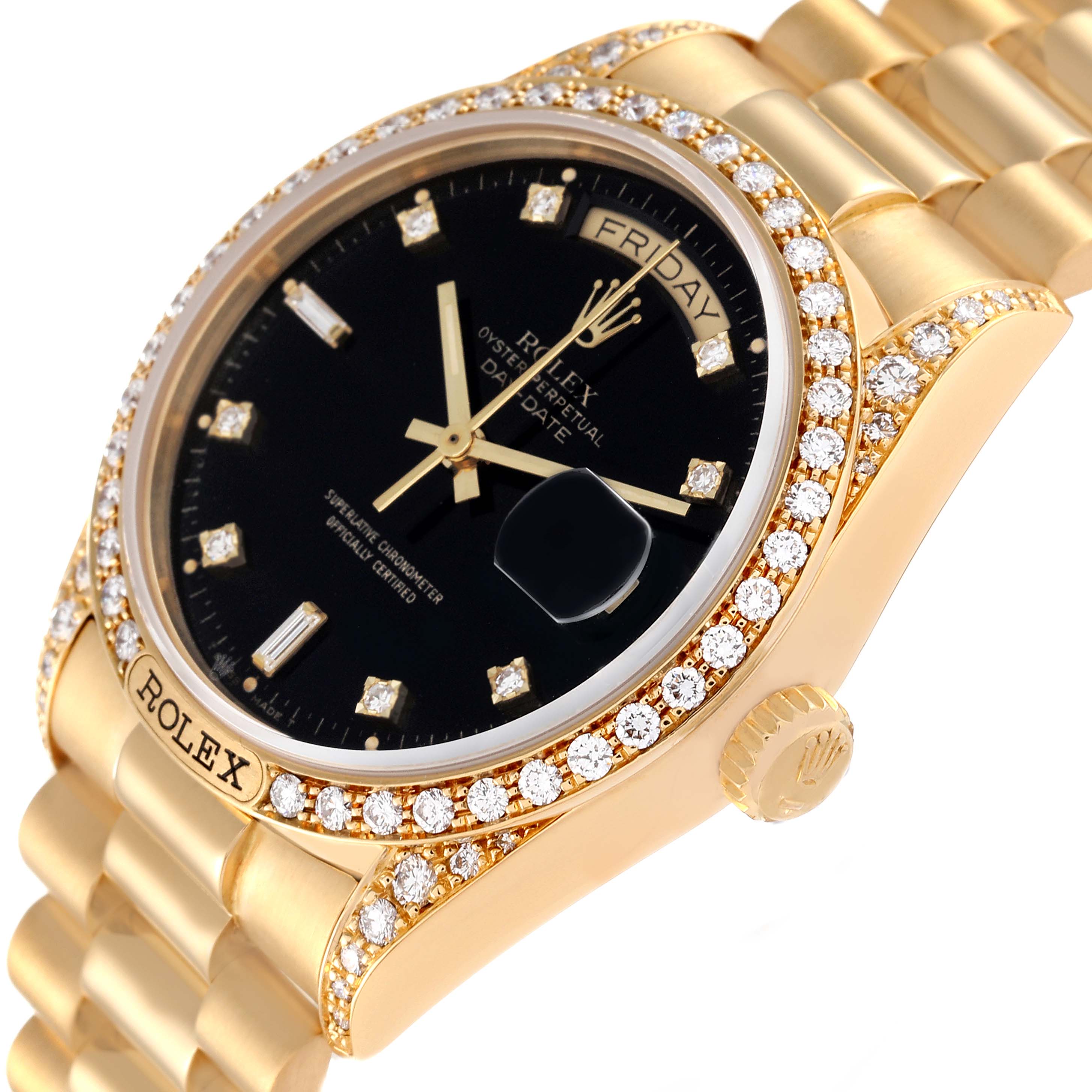 Rolex President Day-Date 18k Yellow Gold Black Diamond Dial Mens Watch 18138