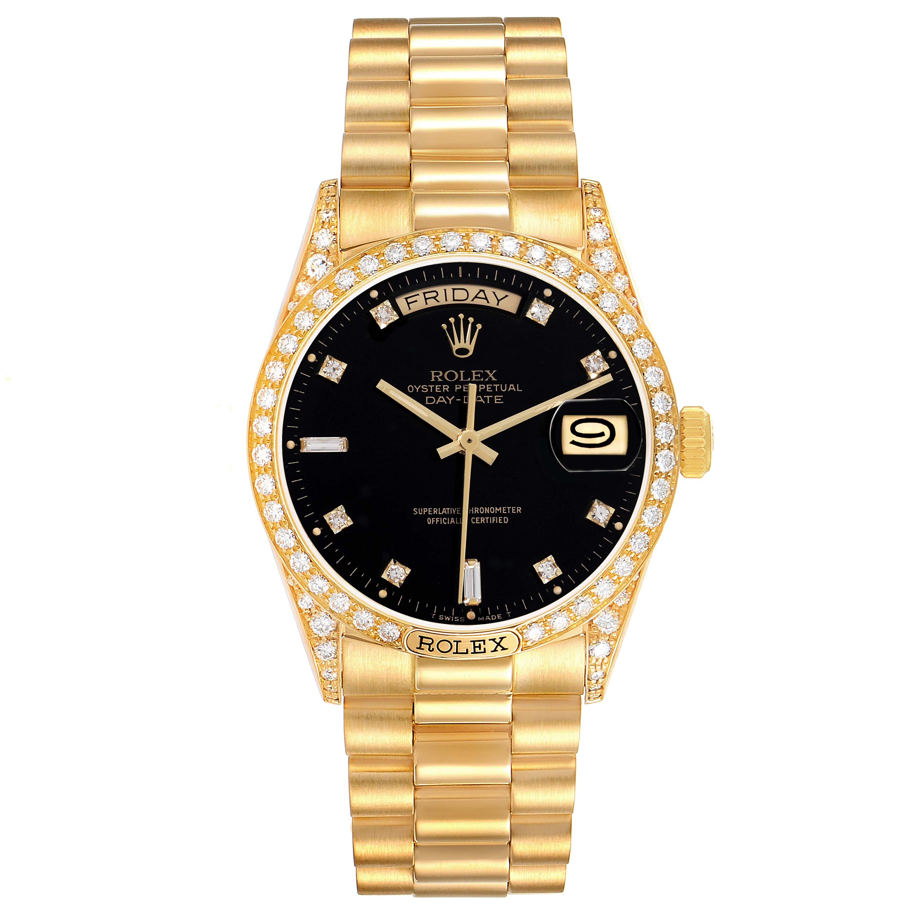 Rolex President Day-Date 18k Yellow Gold Black Diamond Dial Mens Watch 18138