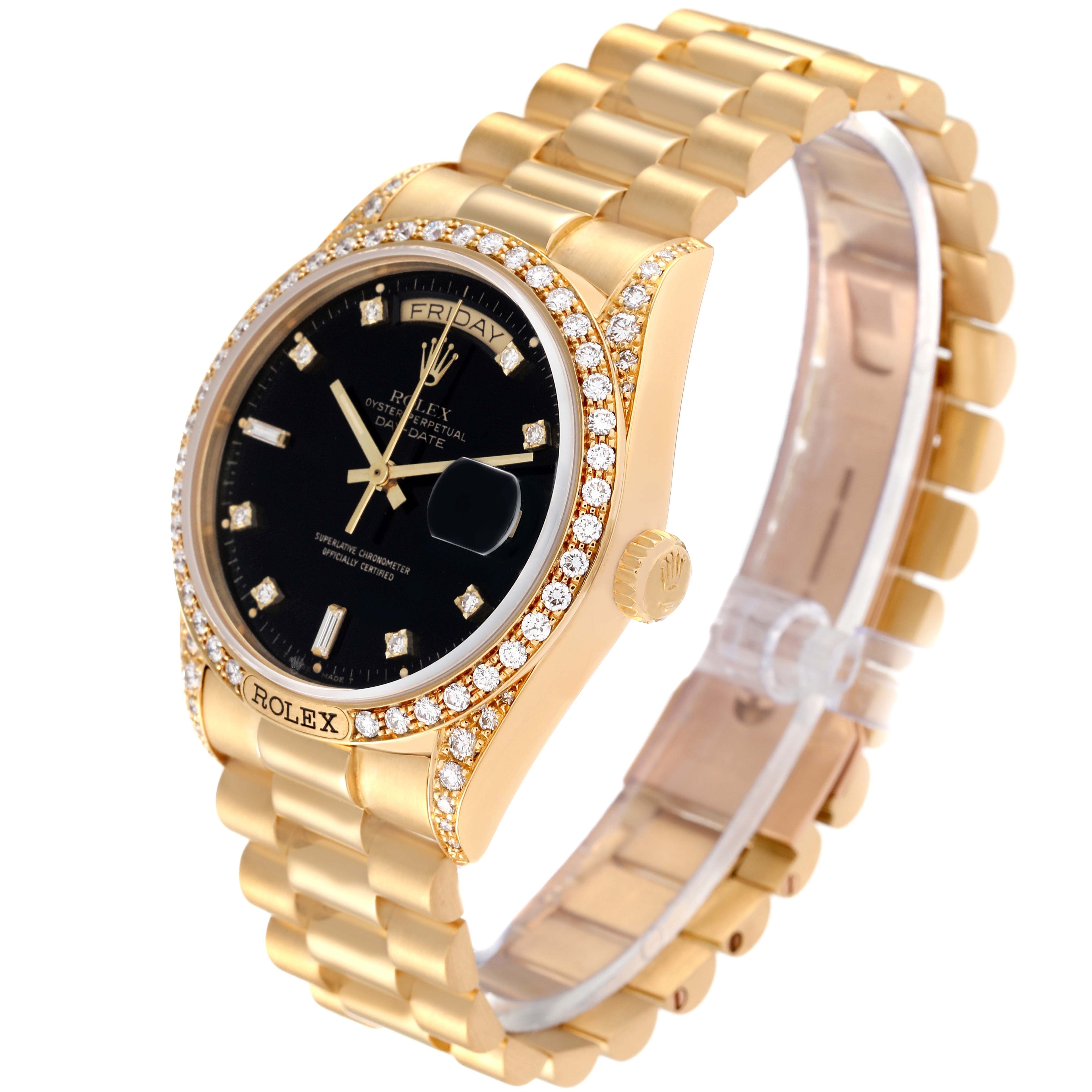 Rolex President Day-Date 18k Yellow Gold Black Diamond Dial Mens Watch 18138
