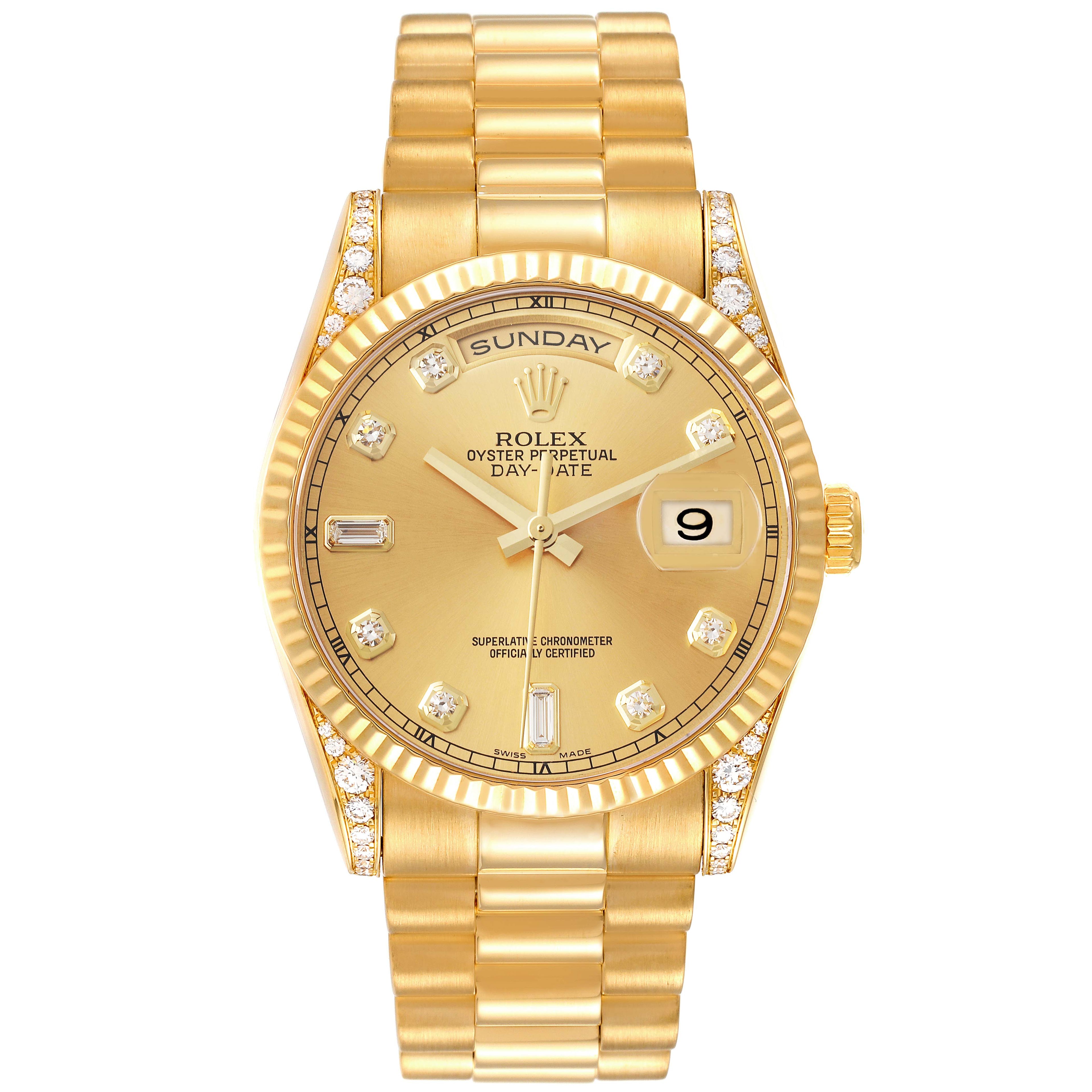 Rolex President Day Date 18k Yellow Gold Diamond Lugs Watch 118338