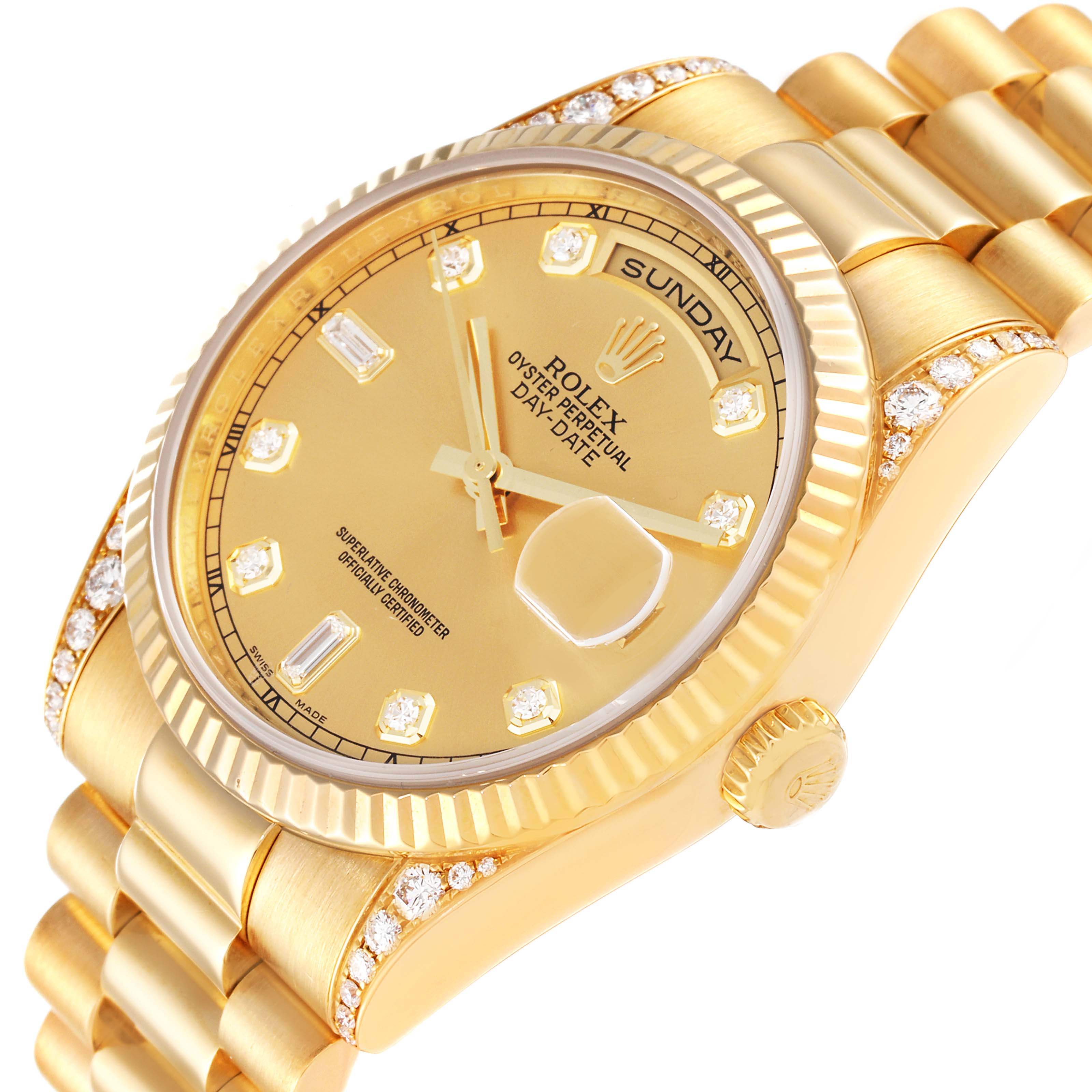 Rolex President Day Date 18k Yellow Gold Diamond Lugs Watch 118338