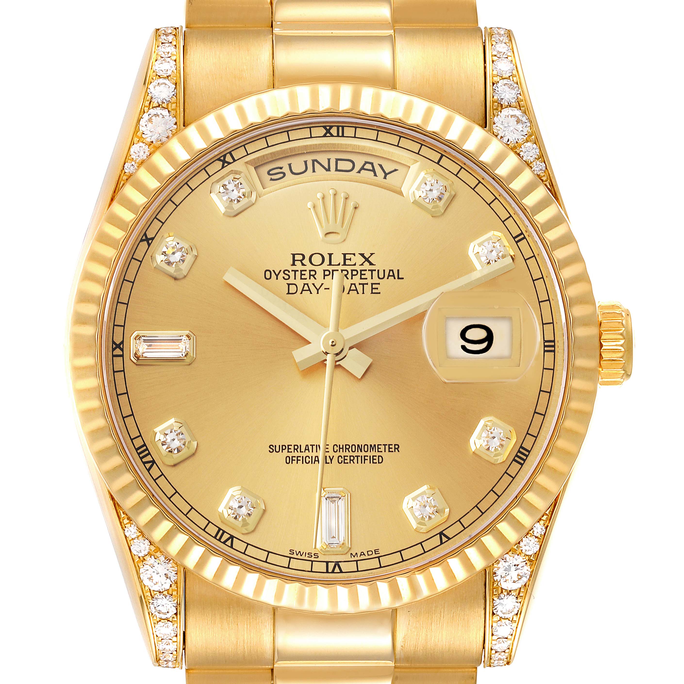Rolex President Day Date 18k Yellow Gold Diamond Lugs Watch 118338