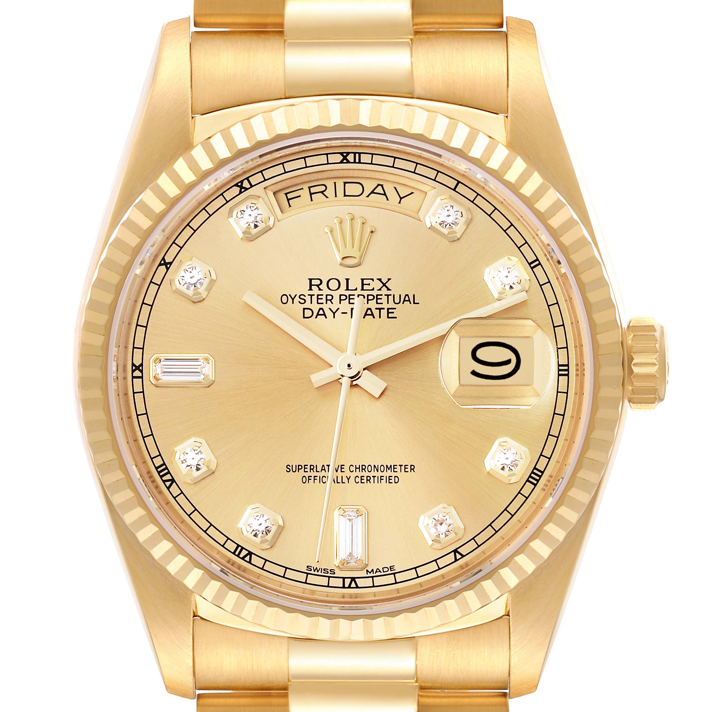 Rolex President Day-Date 18k Yellow Gold Diamond Watch 18038 Box Service Card