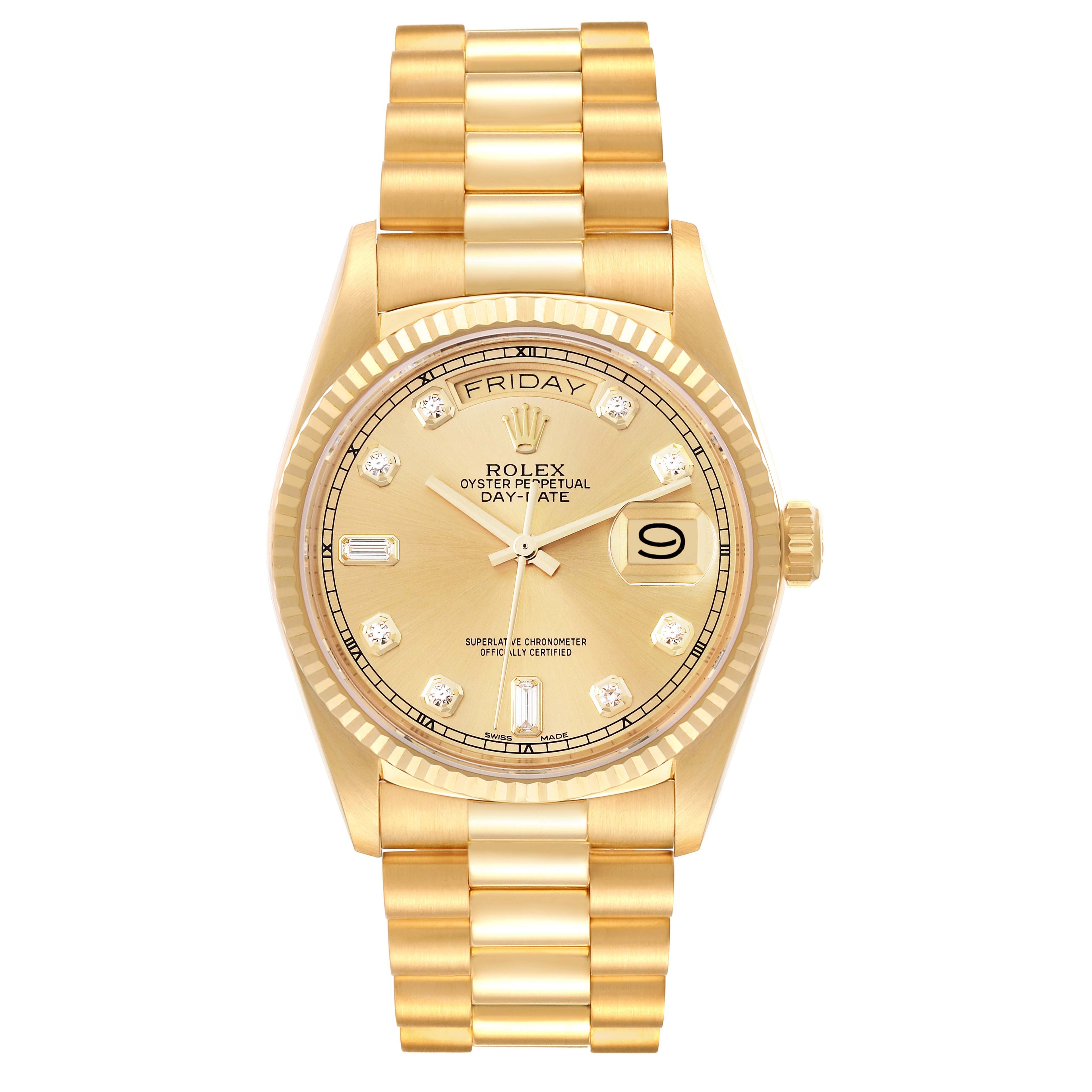 Rolex President Day-Date 18k Yellow Gold Diamond Watch 18038 Box Service Card