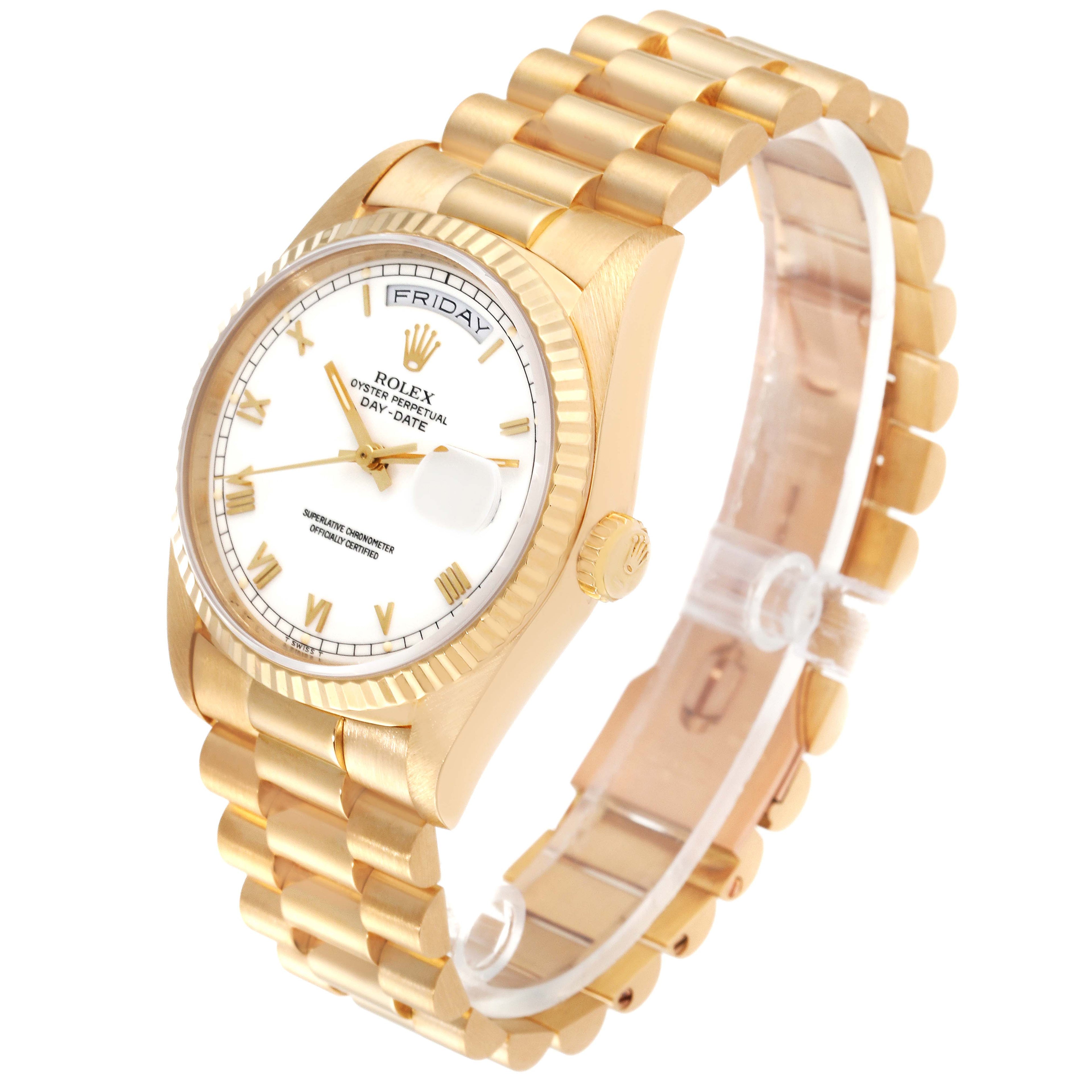 Rolex President Day-Date 18k Yellow Gold White Roman Dial Mens Watch 18238