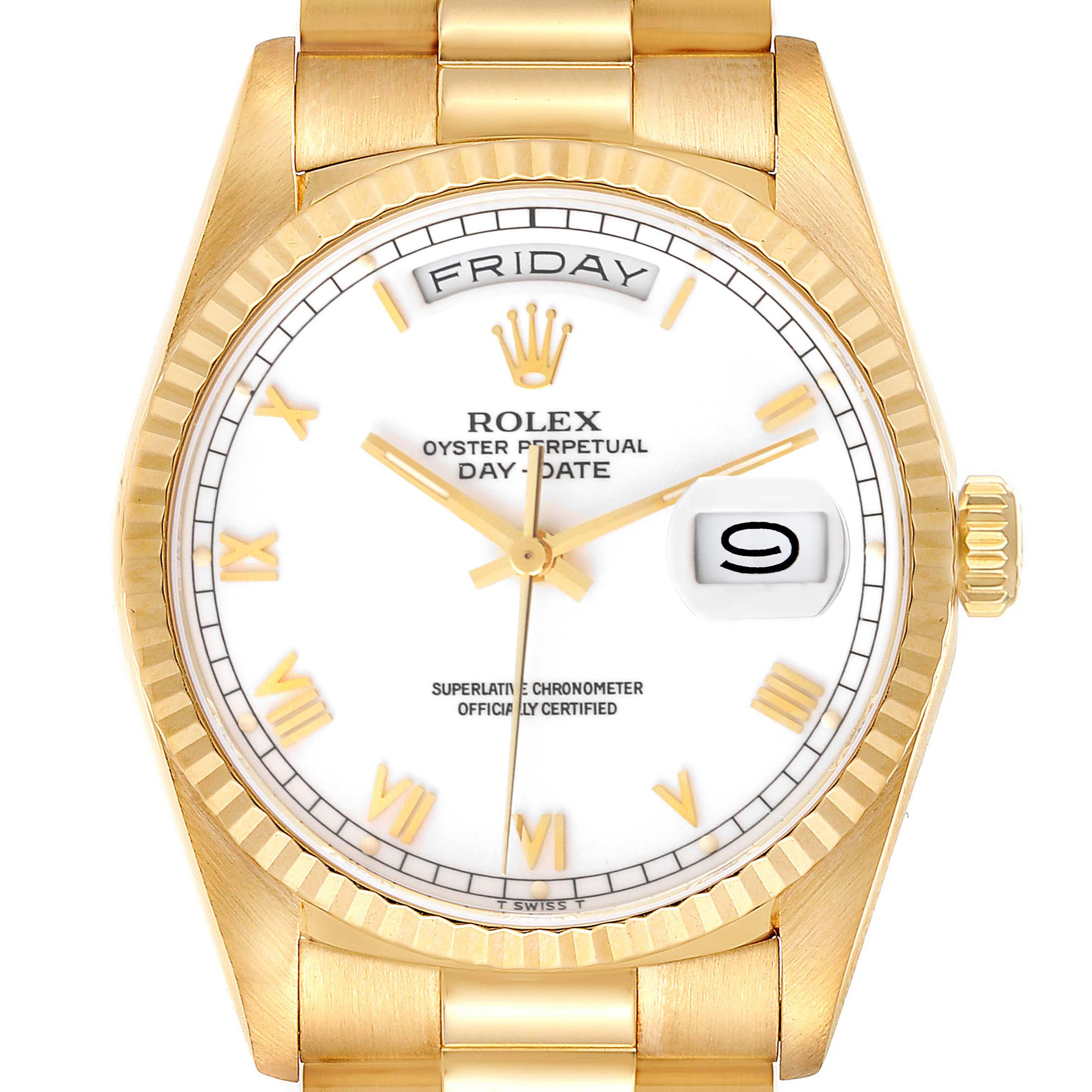Rolex President Day-Date 18k Yellow Gold White Roman Dial Mens Watch 18238