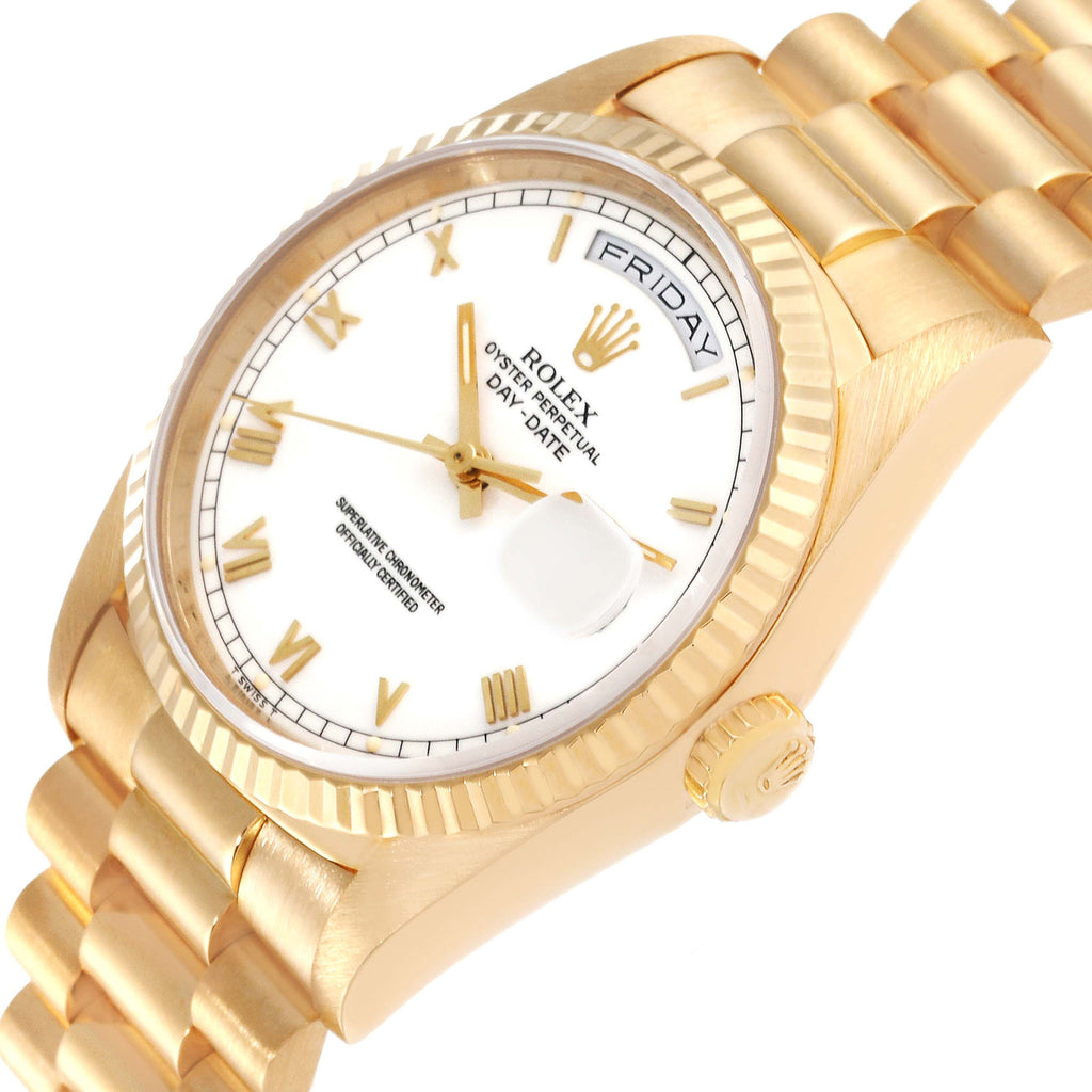 Rolex President Day-Date 18k Yellow Gold White Roman Dial Mens Watch 18238